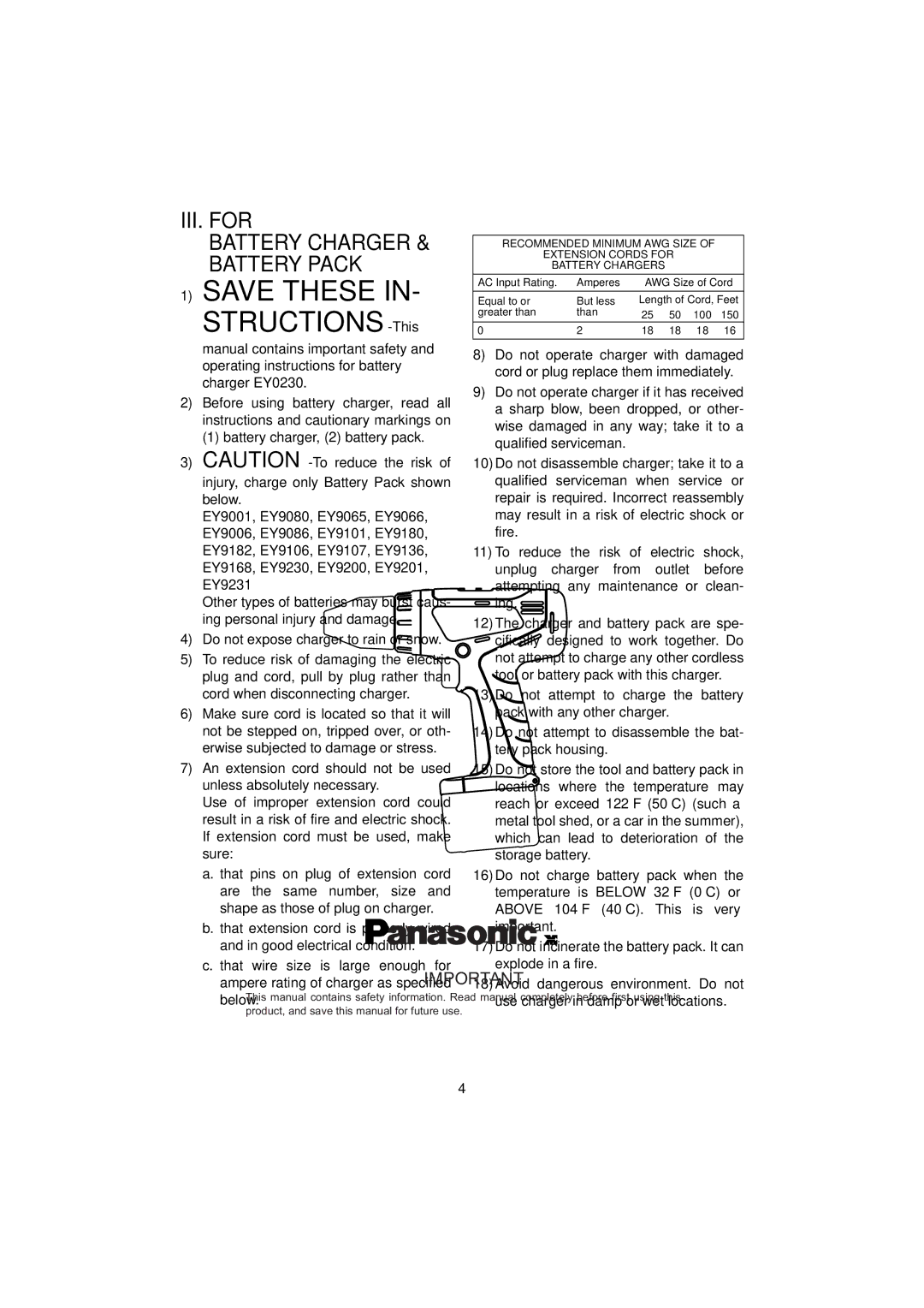 Panasonic EY6432, EY6405, EY6409 manual Save These, III. for Battery Charger & Battery Pack 