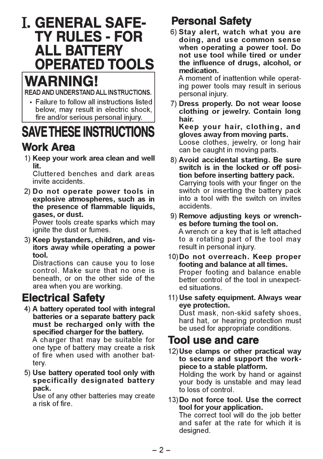 Panasonic EY6450 operating instructions Work Area, Electrical Safety, Personal Safety, Tool use and care 