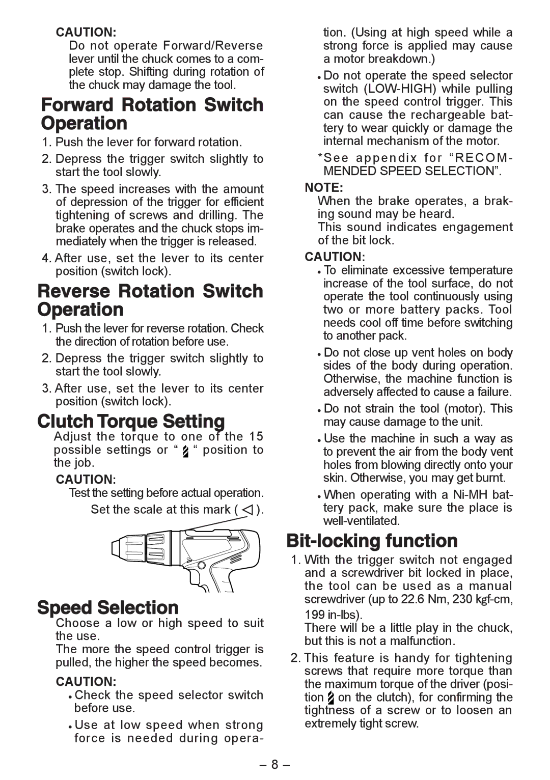 Panasonic EY6450 Forward Rotation Switch Operation, Reverse Rotation Switch Operation, Clutch Torque Setting 