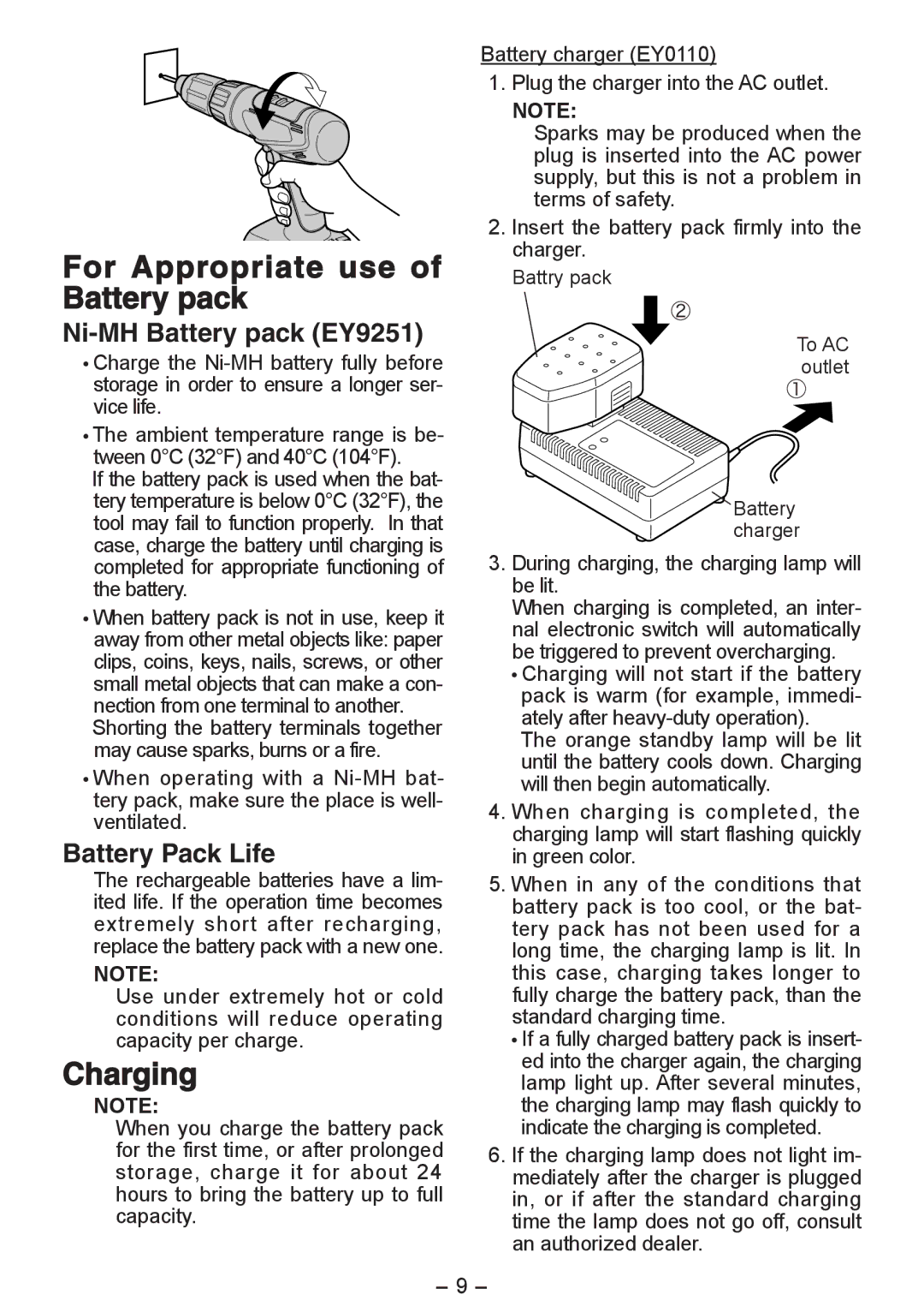 Panasonic EY6450 operating instructions For Appropriate use of Battery pack, Charging 