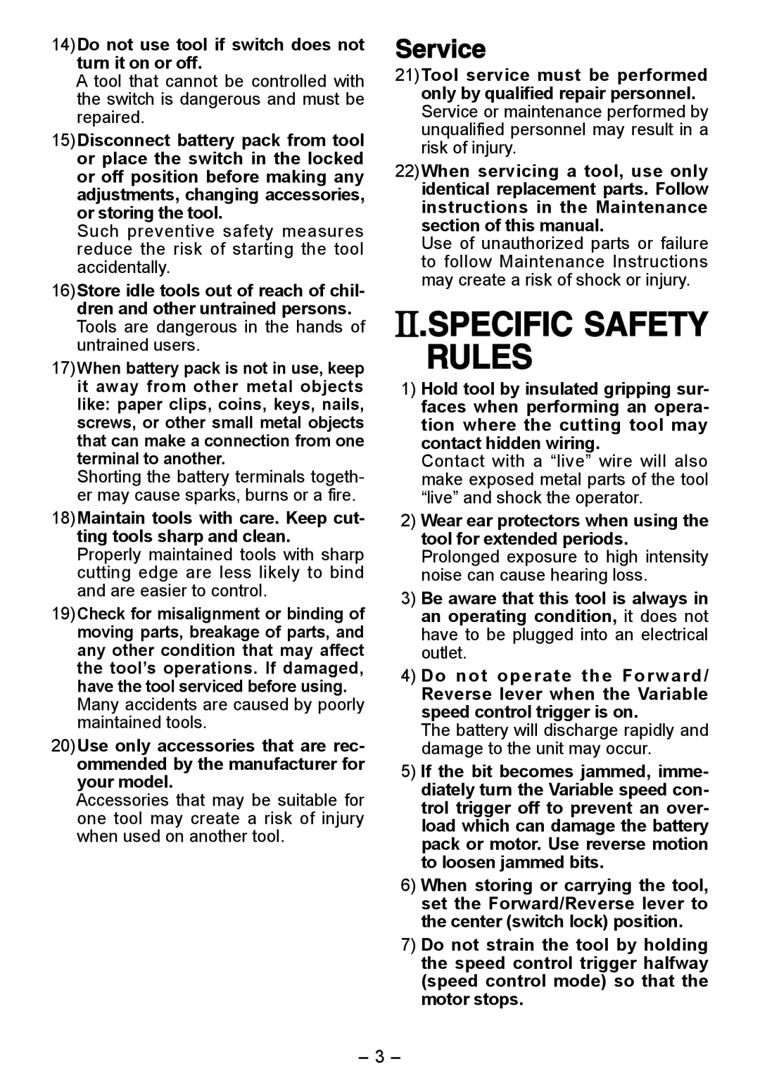 Panasonic EY6450 operating instructions Specific Safety Rules, Service 