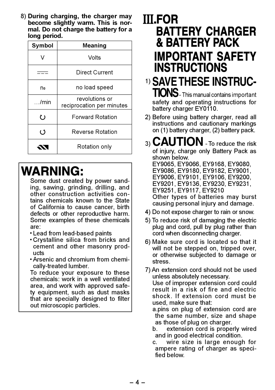 Panasonic EY6450 operating instructions Savethese Instruc, Battery Charger & Battery Pack Important Safety Instructions 