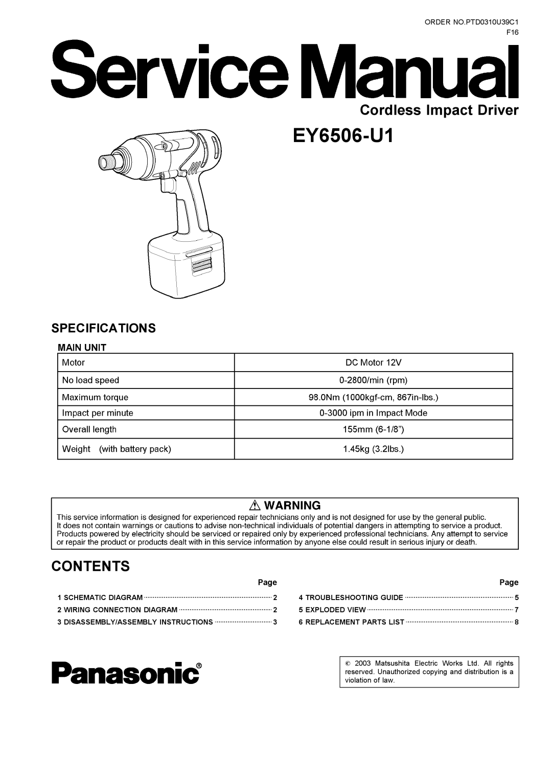 Panasonic EY6506-U1 specifications 