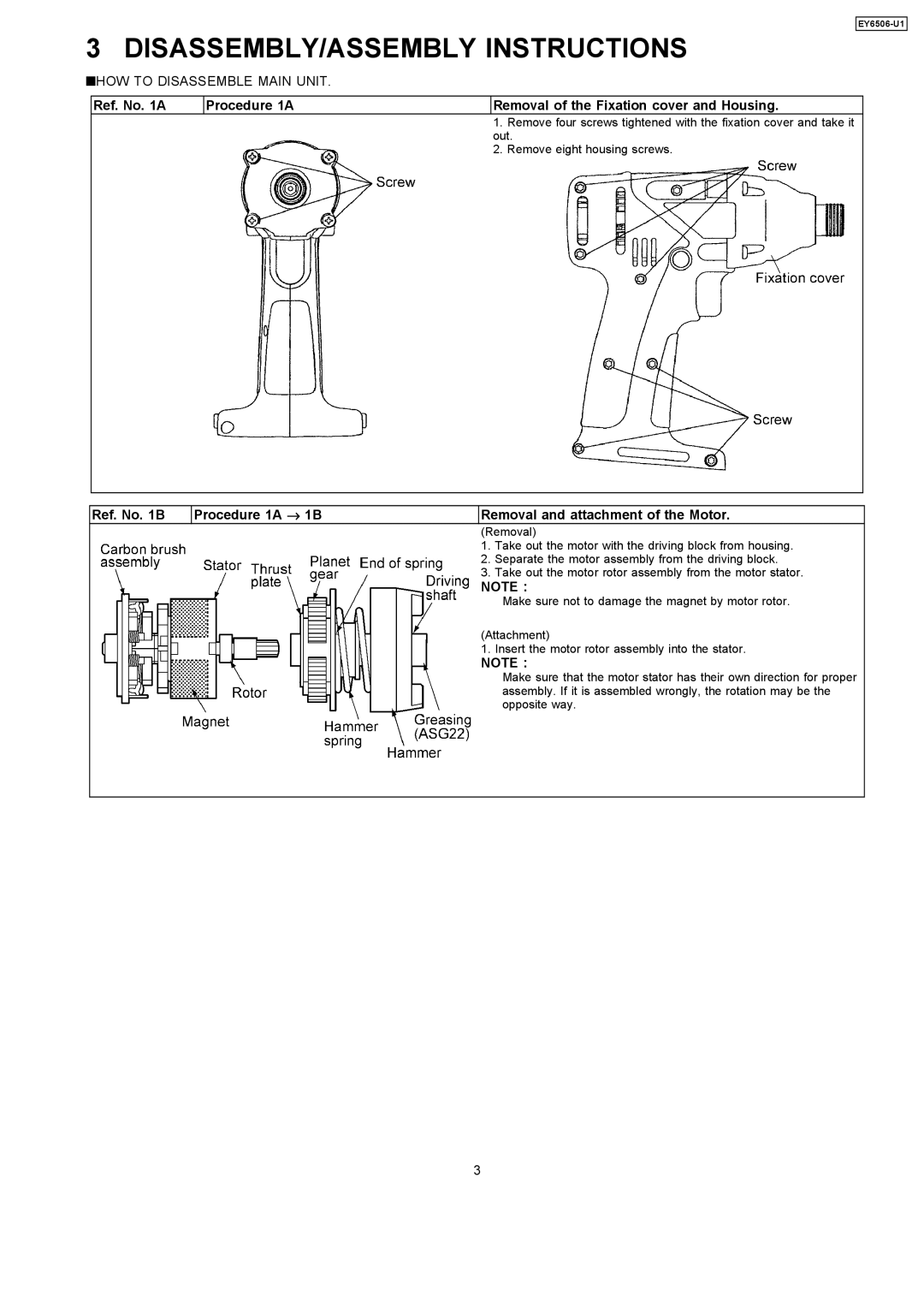 Panasonic EY6506-U1 specifications DISASSEMBLY/ASSEMBLY Instructions 