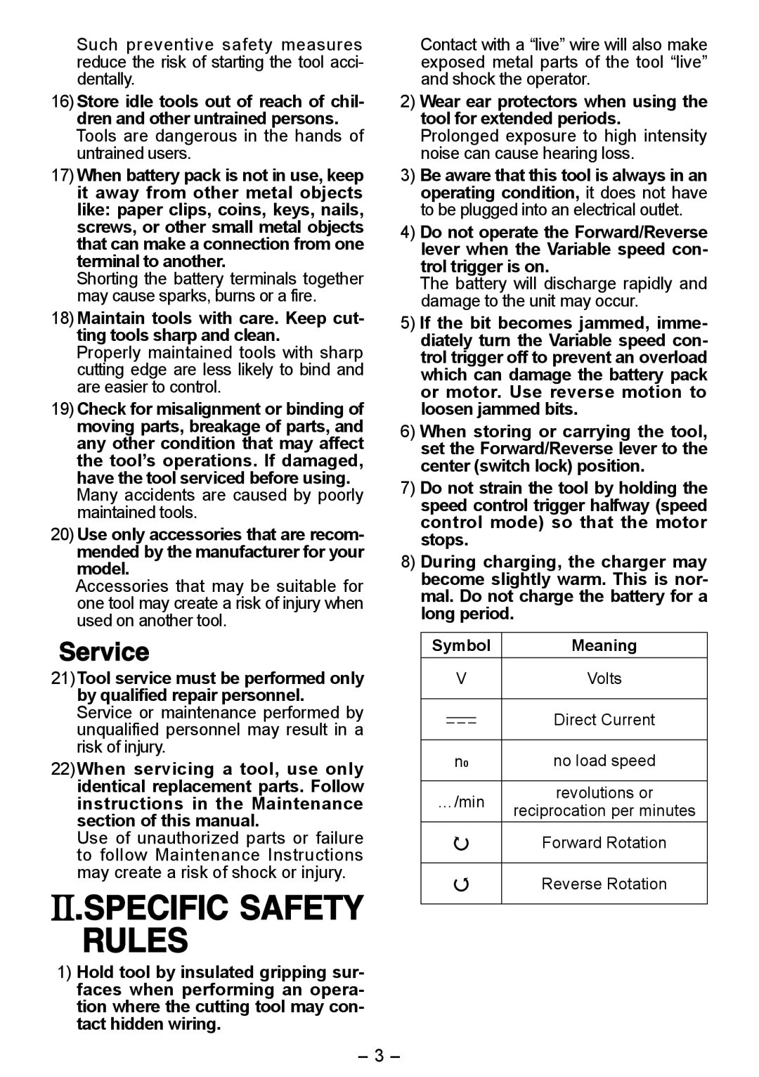 Panasonic EY6506 Specific Safety Rules, Service, Many accidents are caused by poorly maintained tools 