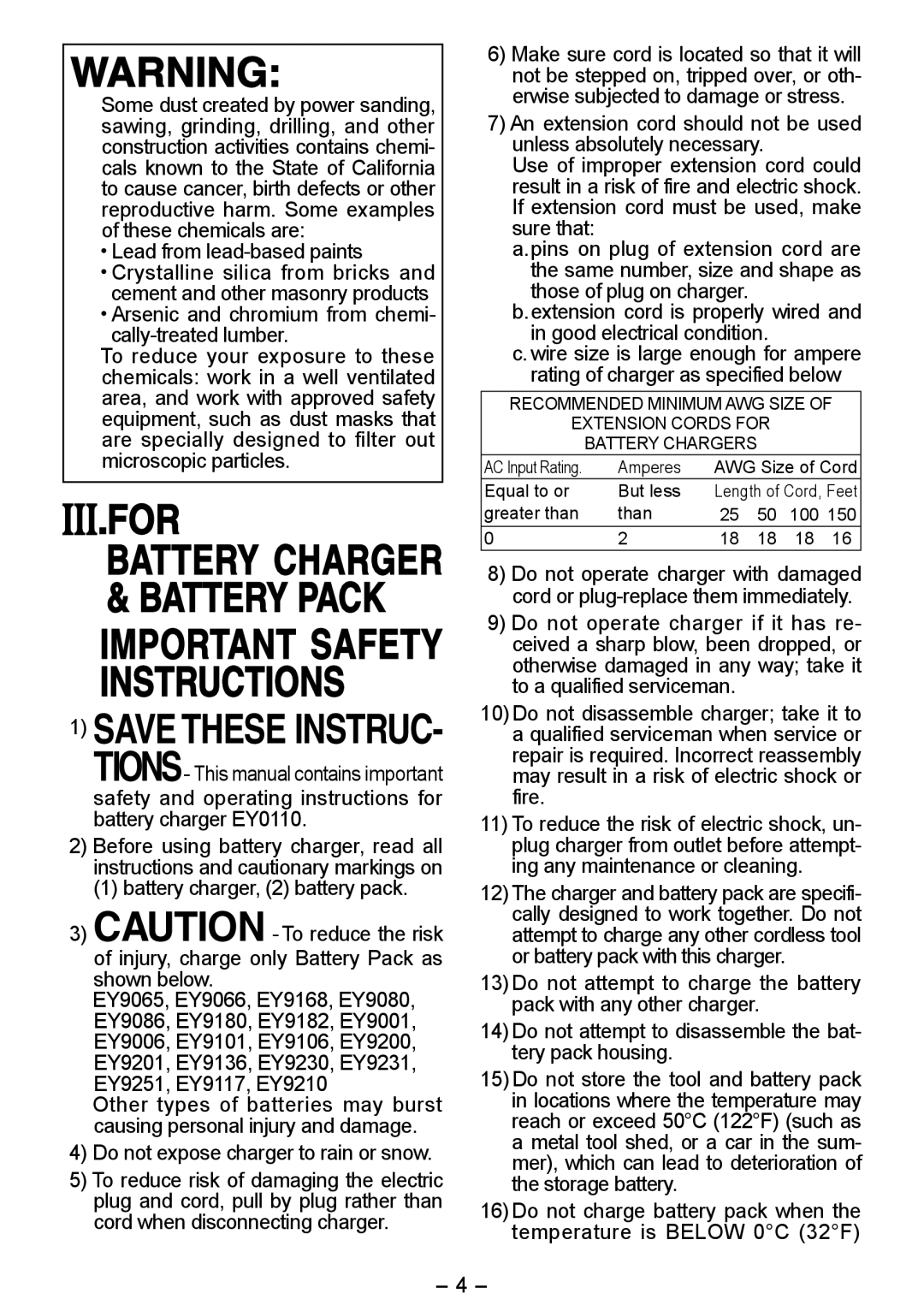 Panasonic EY6506 operating instructions For, Battery charger, 2 battery pack 