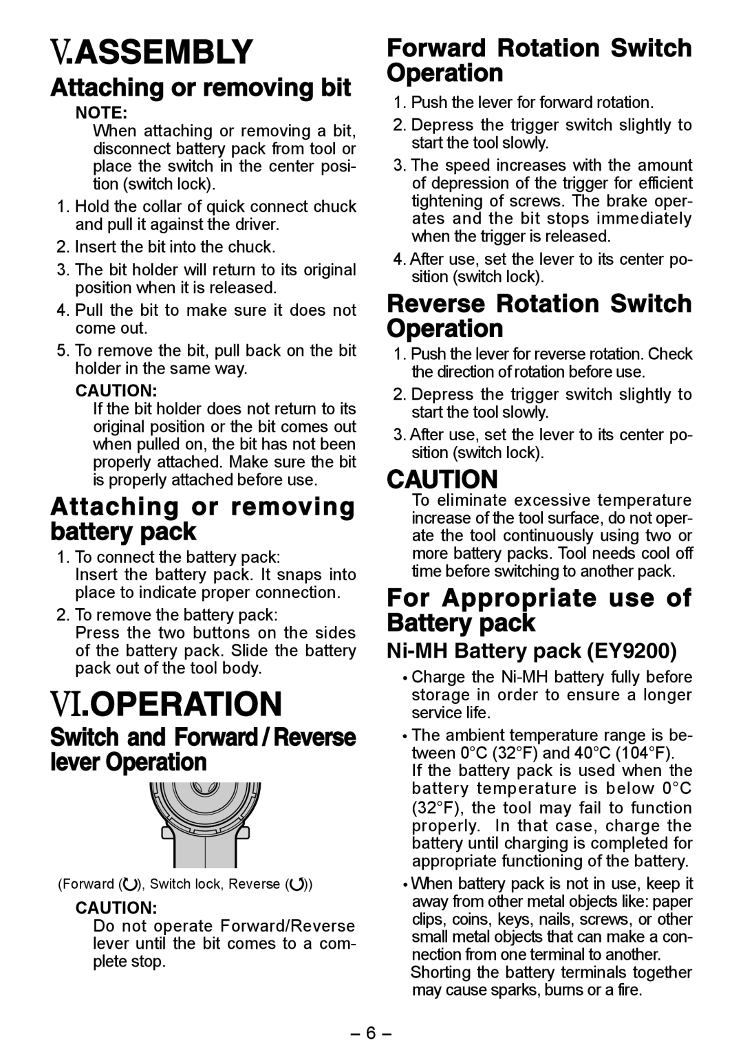 Panasonic EY6506 operating instructions Assembly, Operation 