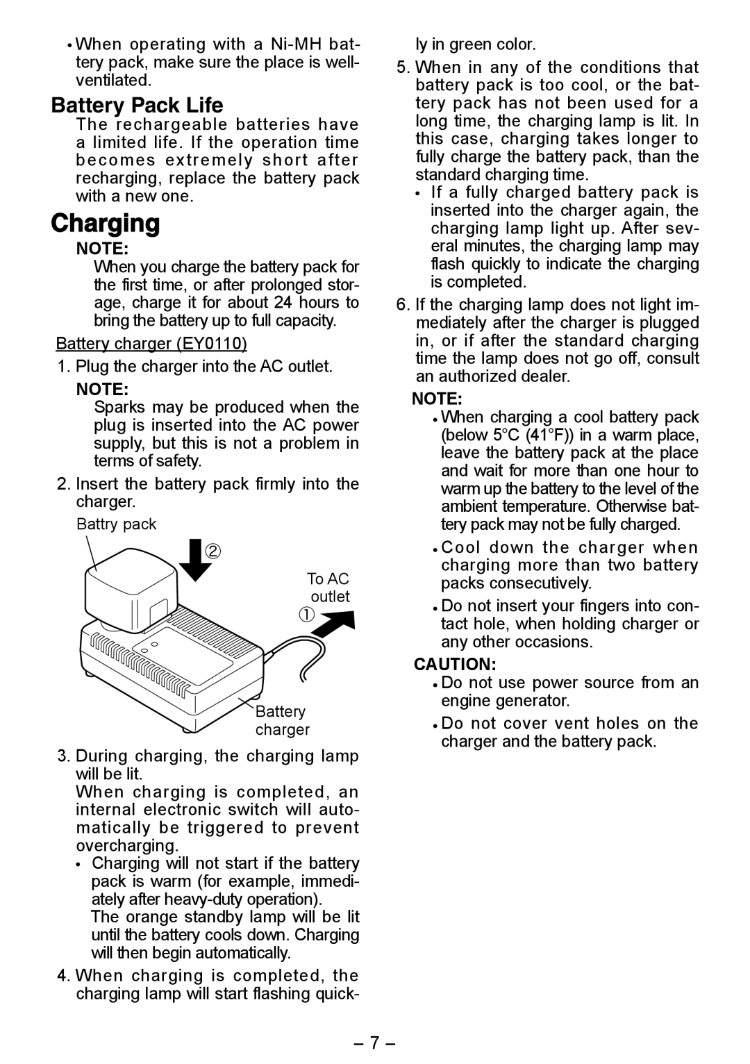 Panasonic EY6506 operating instructions Charging, Battery Pack Life 