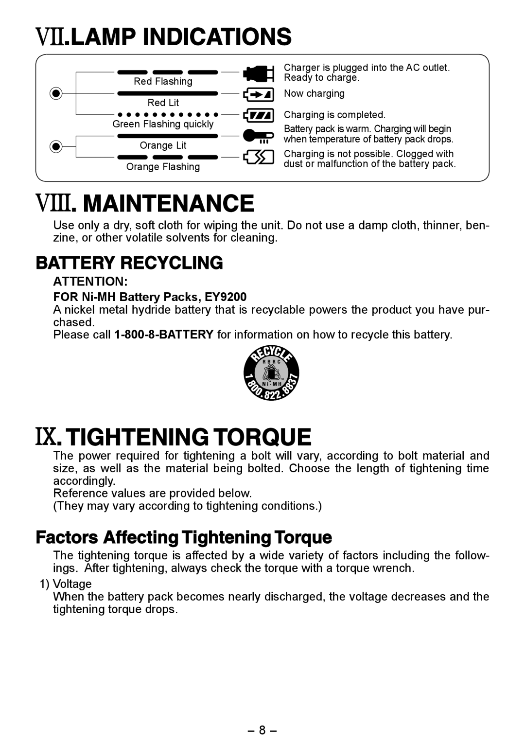 Panasonic EY6506 operating instructions Lamp Indications, Maintenance, Factors Affecting Tightening Torque 