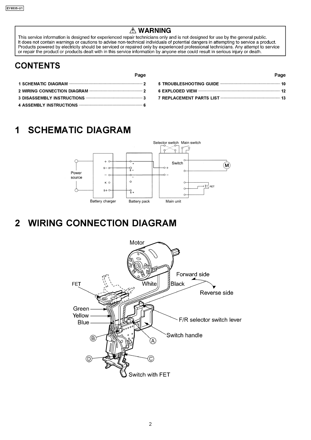 Panasonic EY6535-U1 specifications Schematic Diagram Wiring Connection Diagram, Contents 