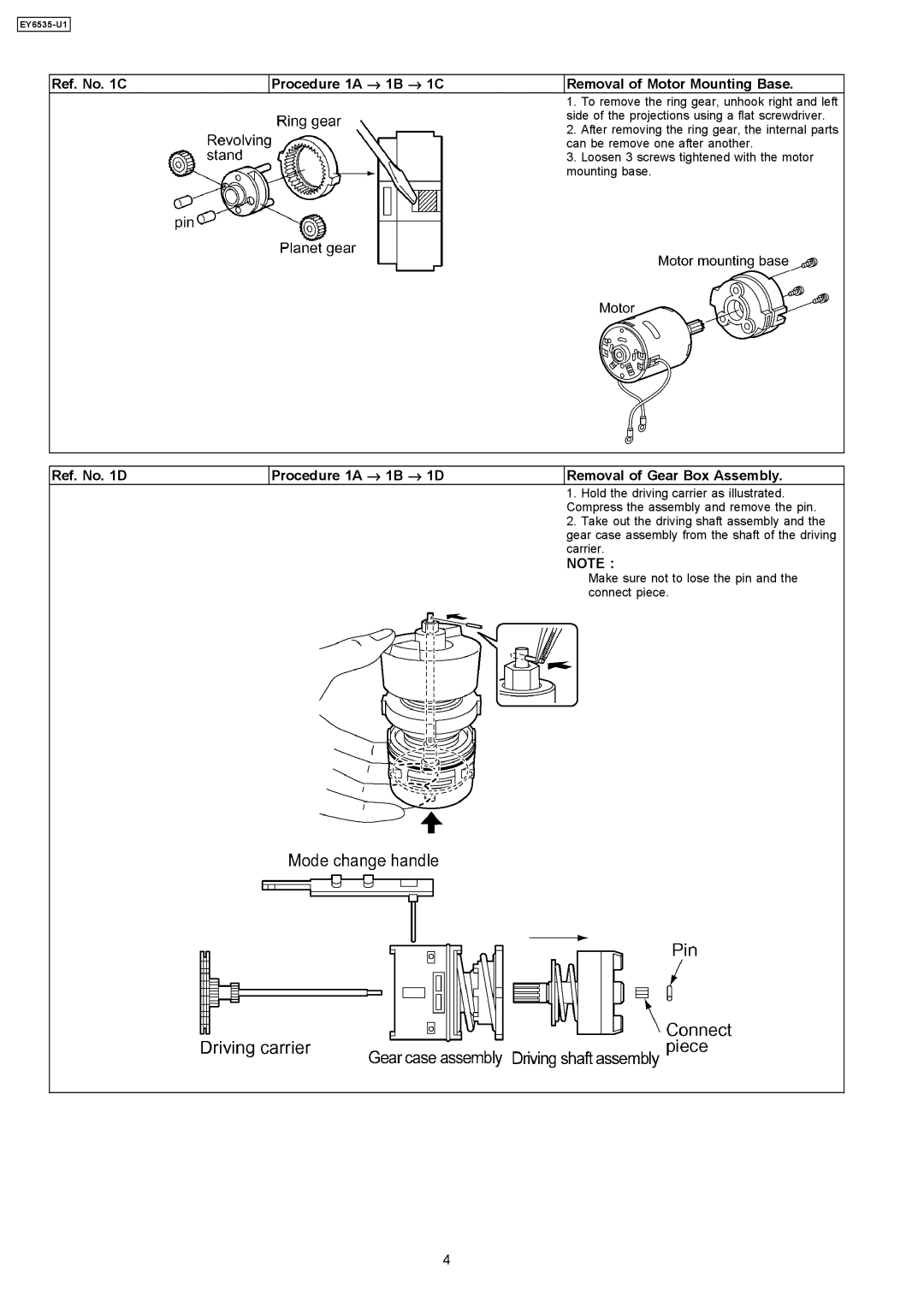 Panasonic EY6535-U1 specifications To remove the ring gear, unhook right and left 