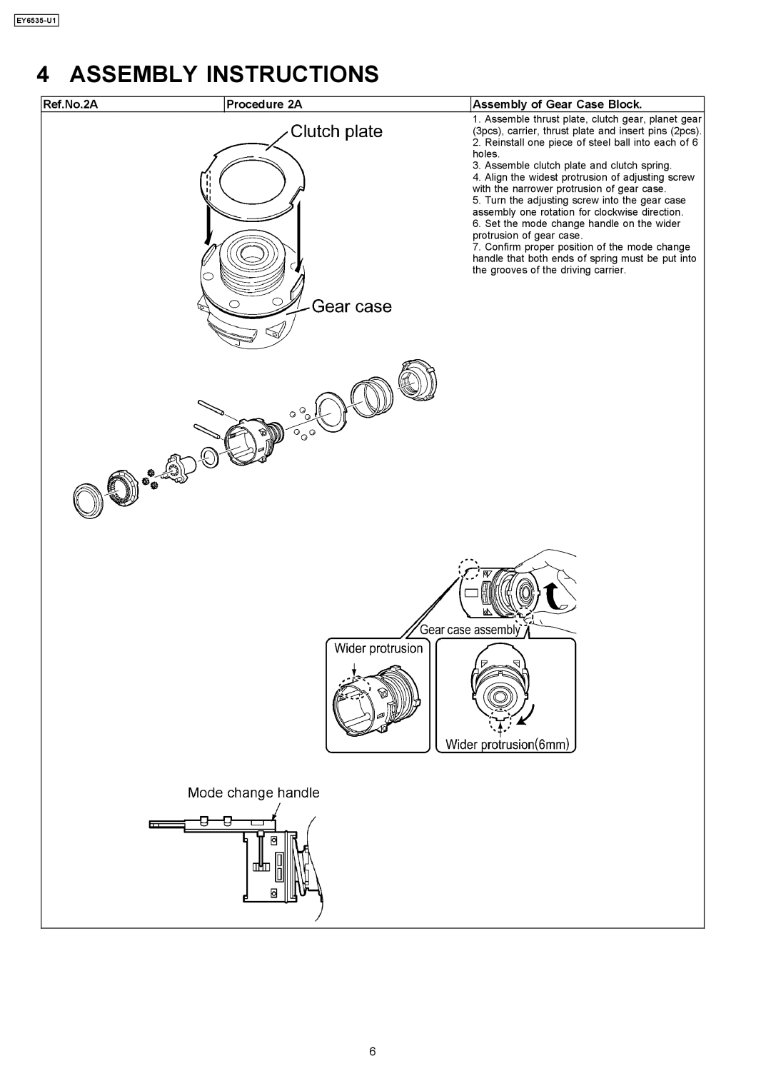 Panasonic EY6535-U1 specifications Assembly Instructions, Ref.No.2A Procedure 2A Assembly of Gear Case Block 