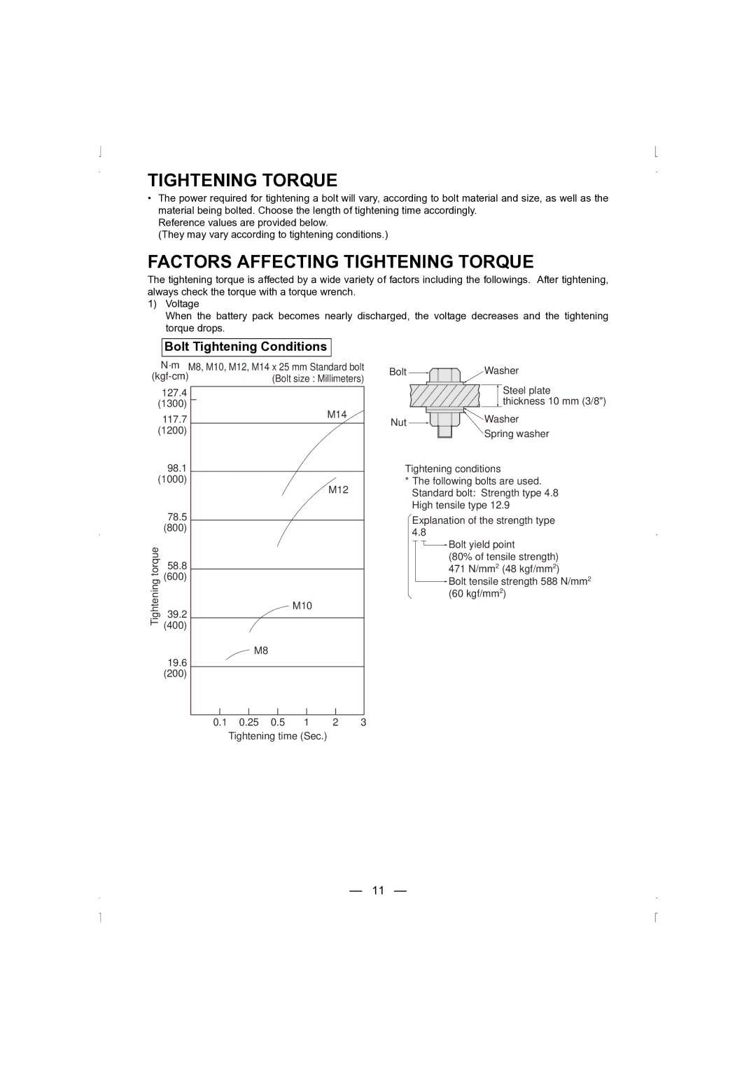 Panasonic EY6535 operating instructions Factors Affecting Tightening Torque, Bolt Tightening Conditions 