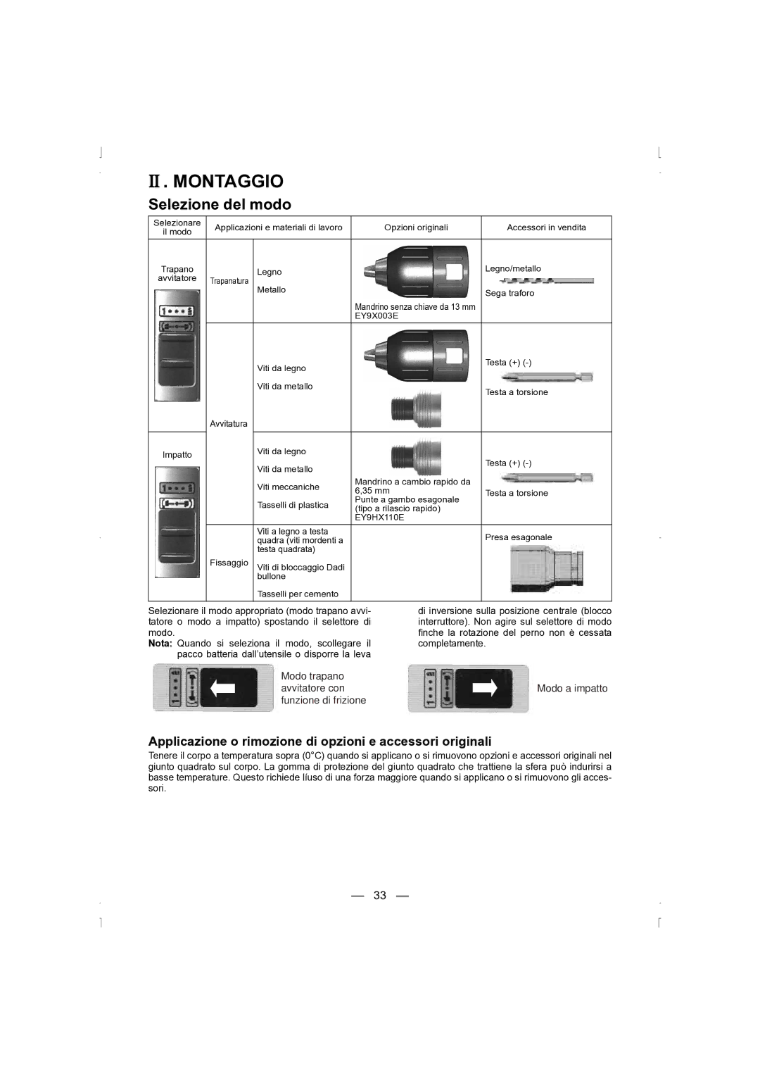 Panasonic EY6535 II . Montaggio, Selezione del modo, Applicazione o rimozione di opzioni e accessori originali 