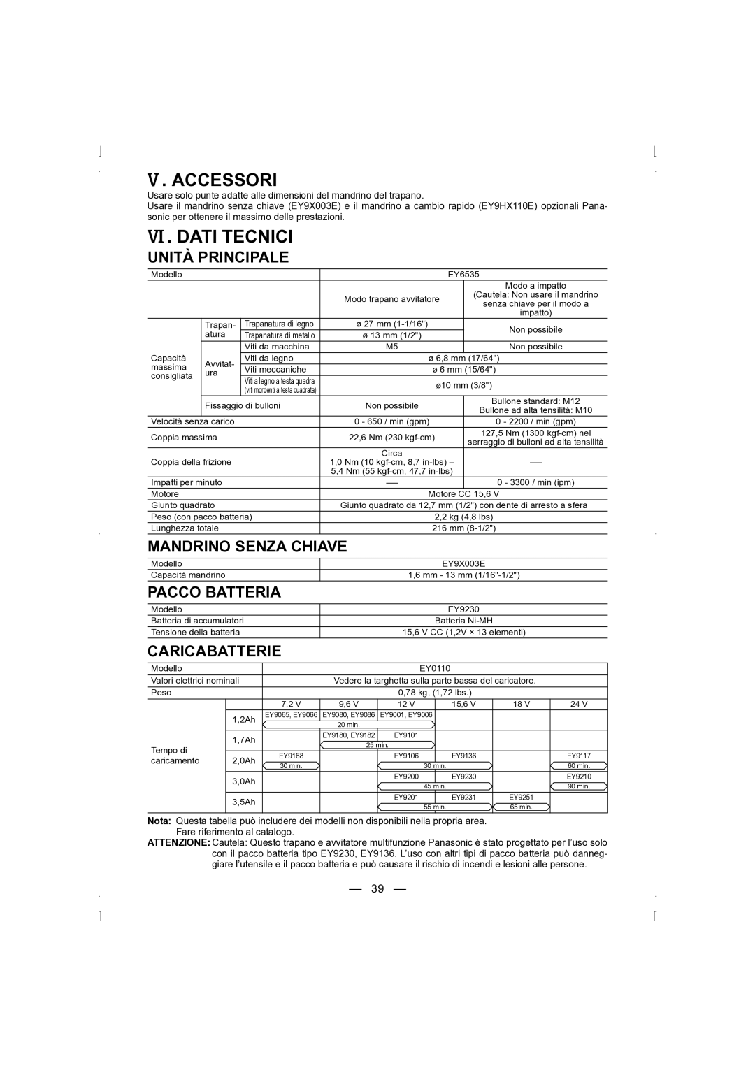 Panasonic EY6535 operating instructions Accessori, VI . Dati Tecnici 