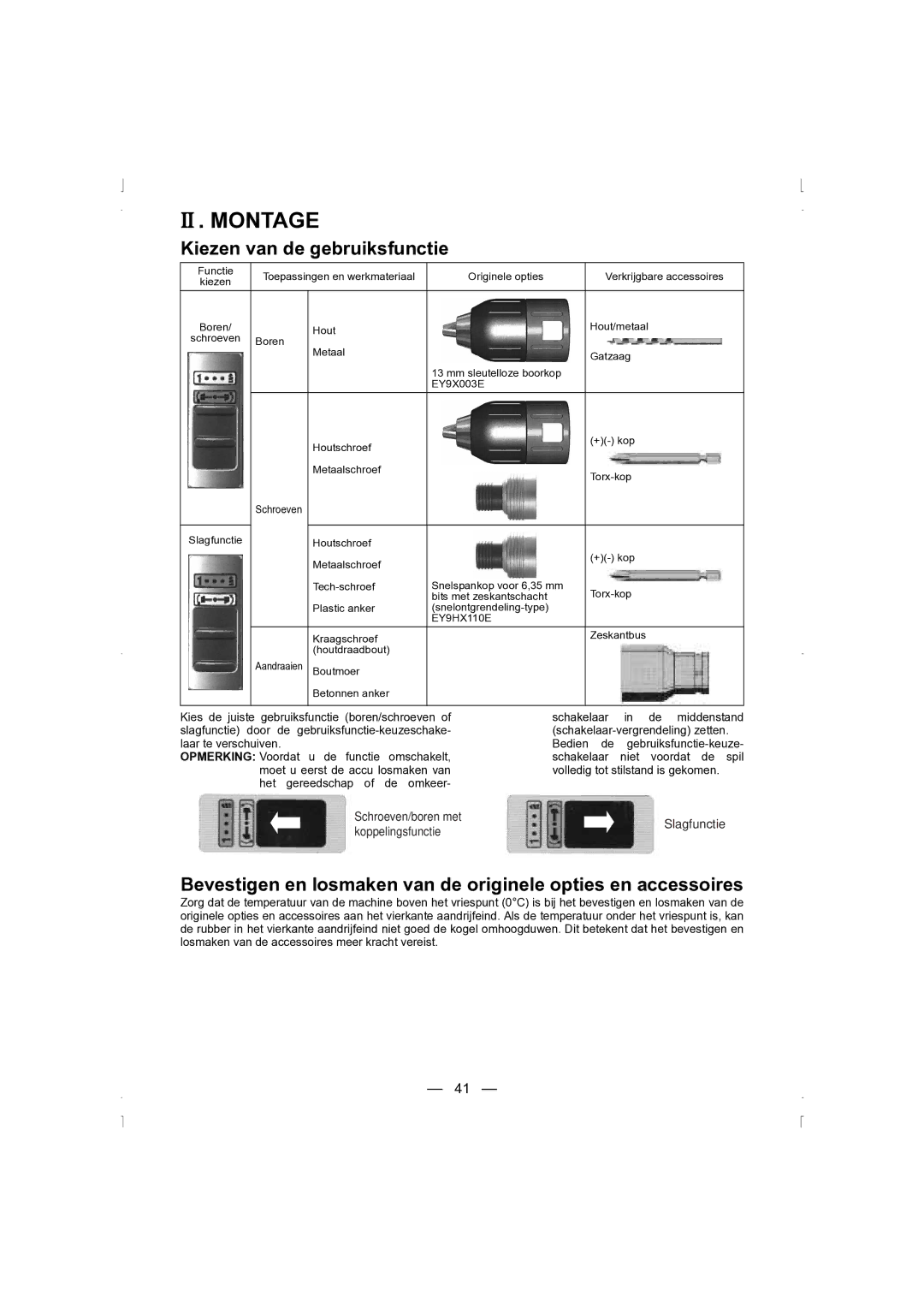 Panasonic EY6535 operating instructions II . Montage, Kiezen van de gebruiksfunctie 