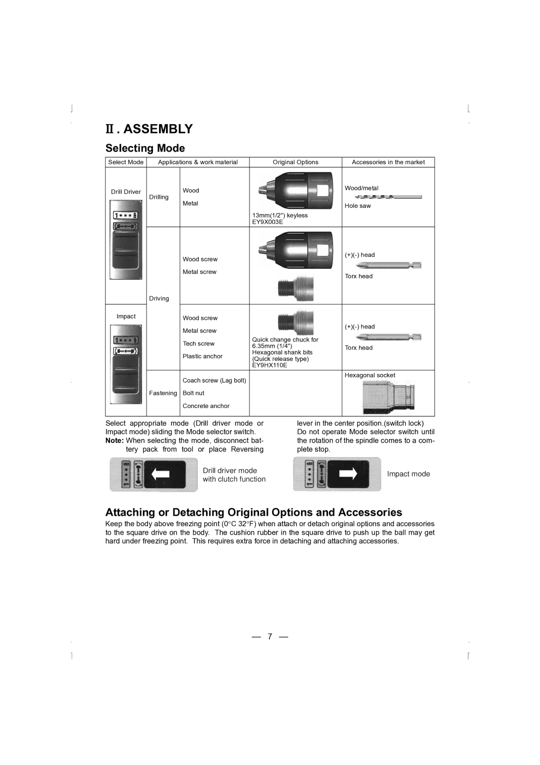 Panasonic EY6535 II . Assembly, Selecting Mode, Attaching or Detaching Original Options and Accessories 