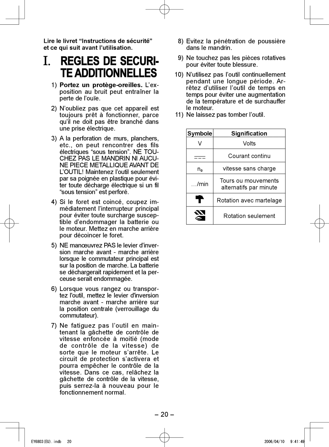 Panasonic EY6803 Regles DE Securi TE Additionnelles, Ne laissez pas tomber l’outil, Symbole Signification 