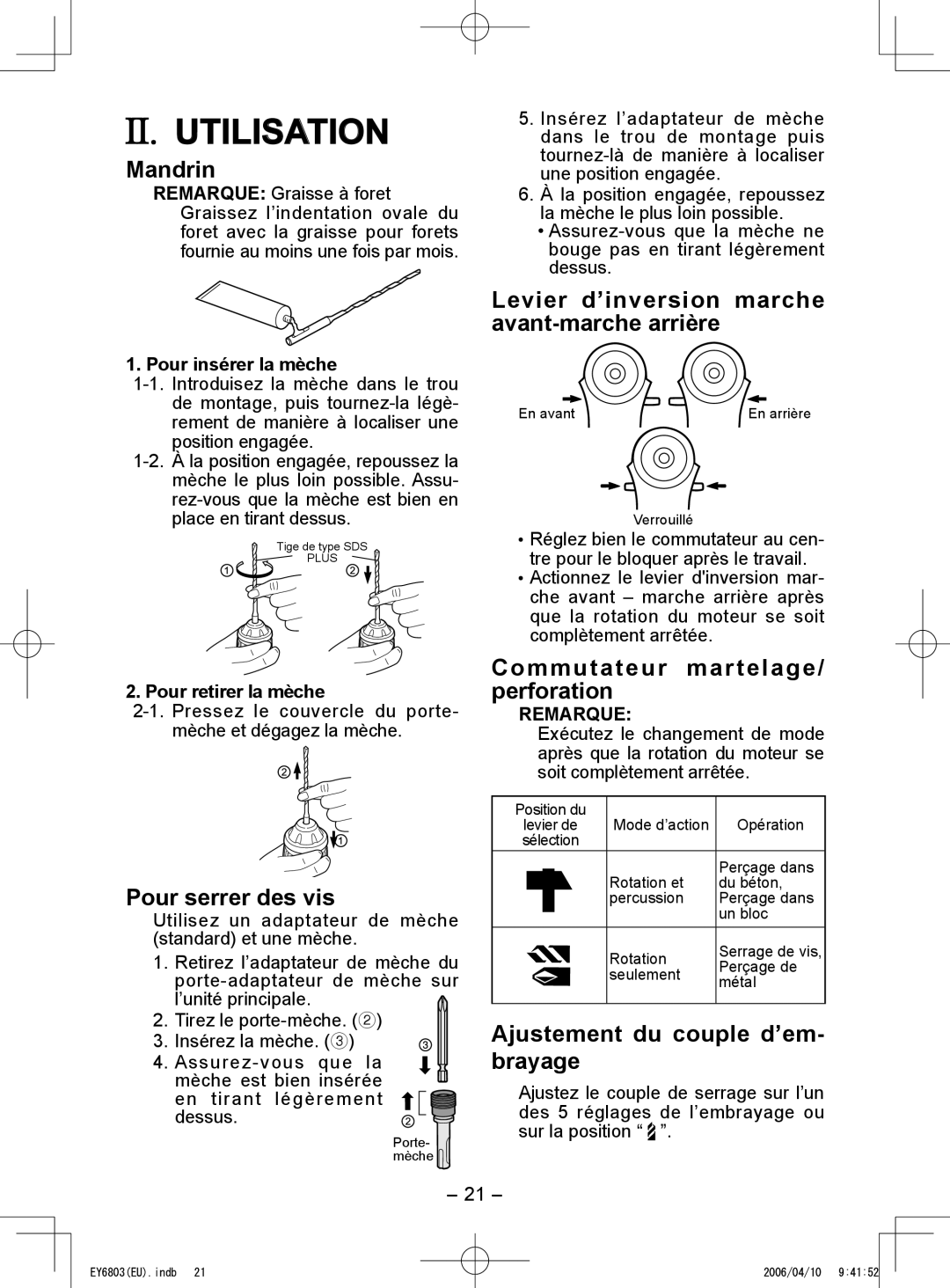 Panasonic EY6803 operating instructions Utilisation 