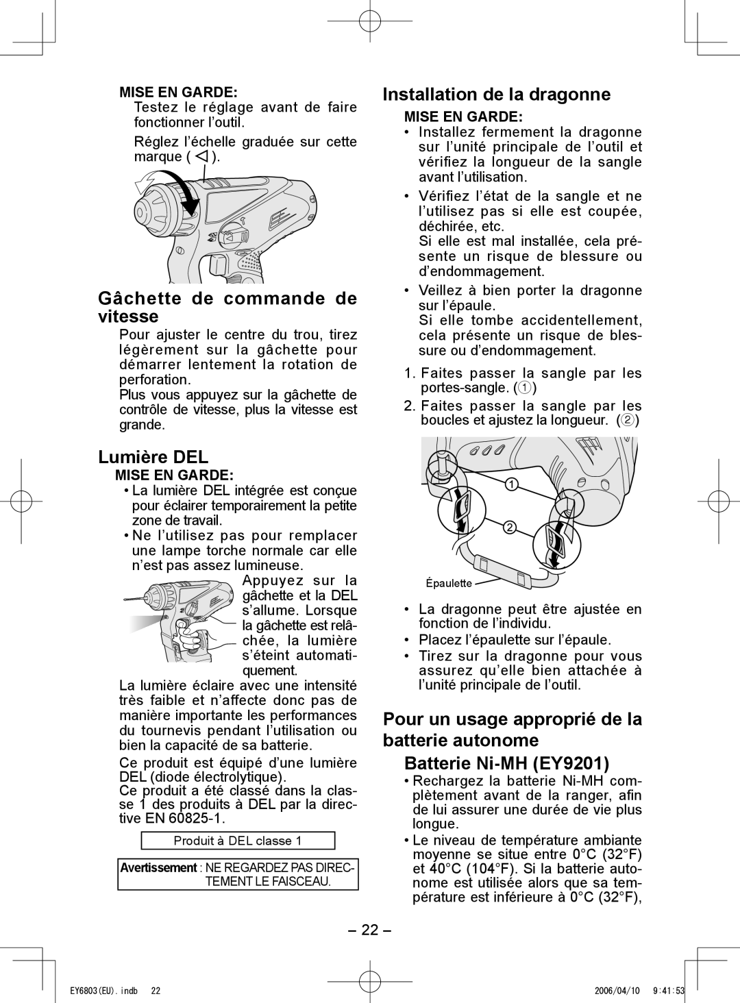 Panasonic EY6803 Gâchette de commande de vitesse, Lumière DEL, Installation de la dragonne, Mise EN Garde 