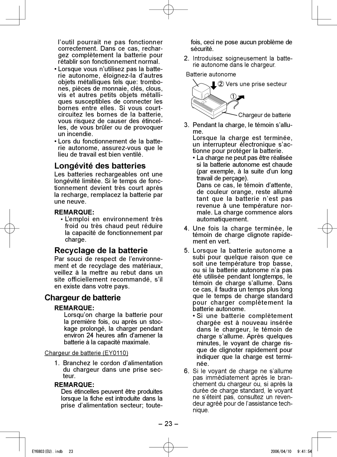 Panasonic EY6803 operating instructions Longévité des batteries, Recyclage de la batterie, Chargeur de batterie EY0110 