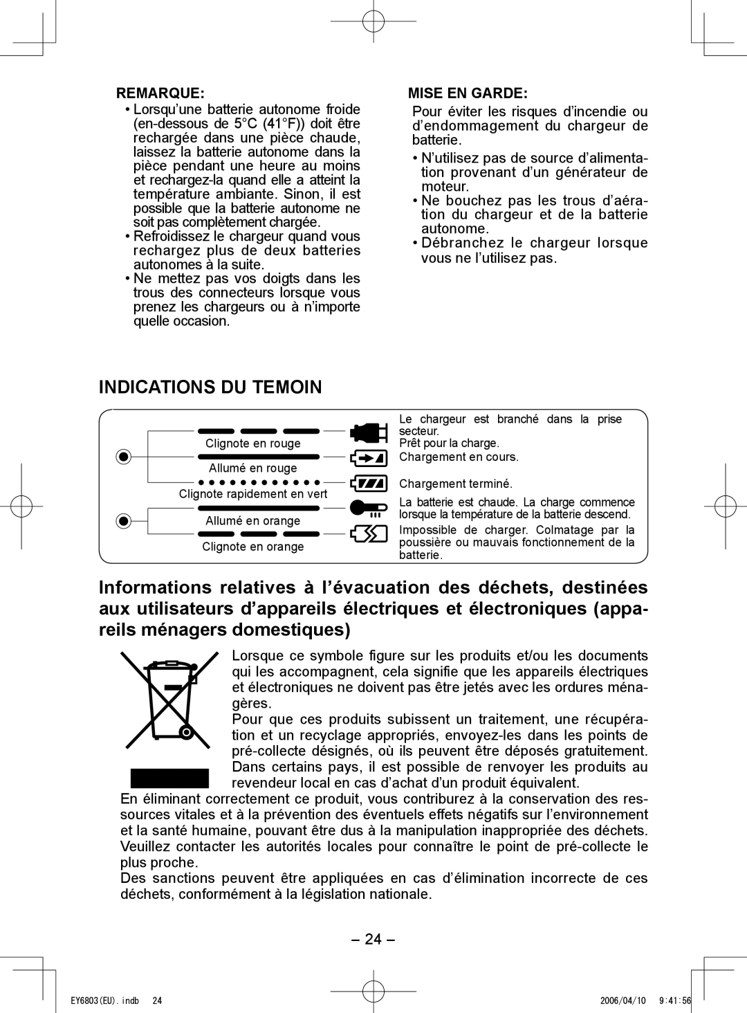 Panasonic EY6803 operating instructions Indications DU Temoin 