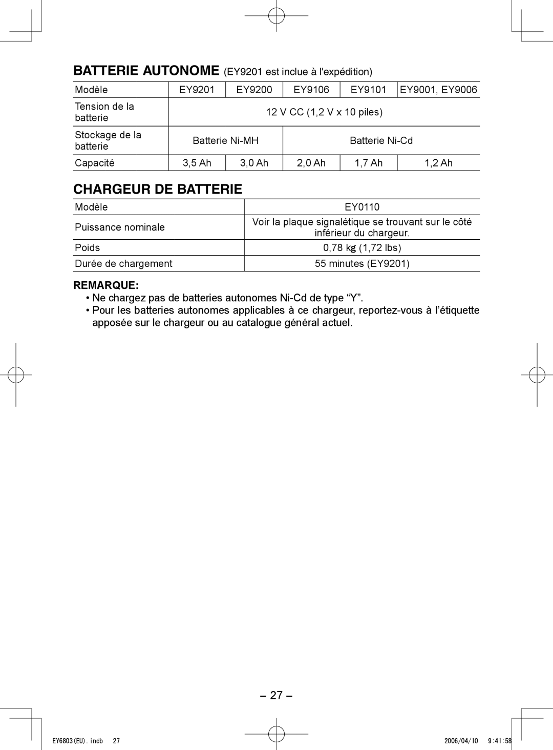 Panasonic EY6803 operating instructions Modèle EY0110 Puissance nominale, Poids, Durée de chargement 