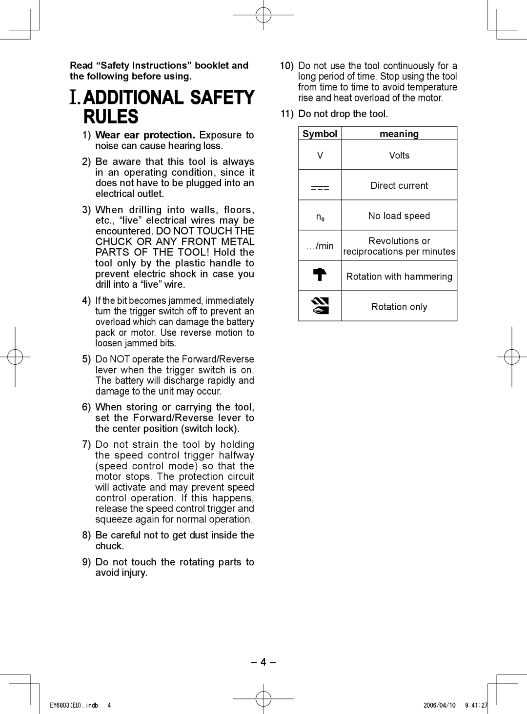 Panasonic EY6803 operating instructions Additional Safety Rules, Do not drop the tool, Symbol Meaning, Volts Direct current 