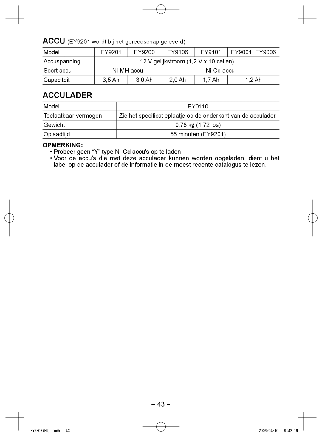 Panasonic EY6803 operating instructions Acculader, Model EY0110 Toelaatbaar vermogen, Oplaadtijd 