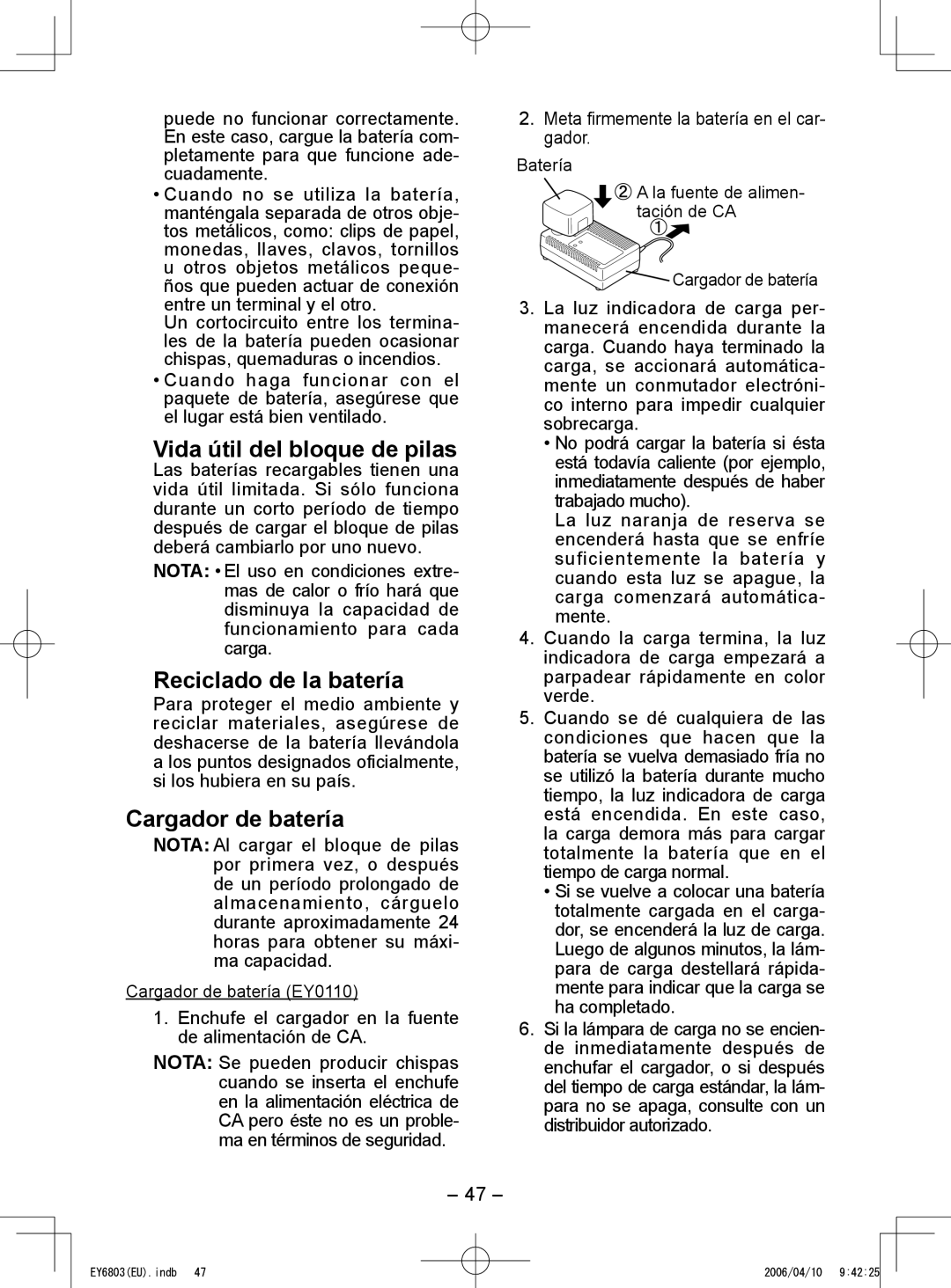 Panasonic EY6803 operating instructions Vida útil del bloque de pilas, Reciclado de la batería, Cargador de batería 