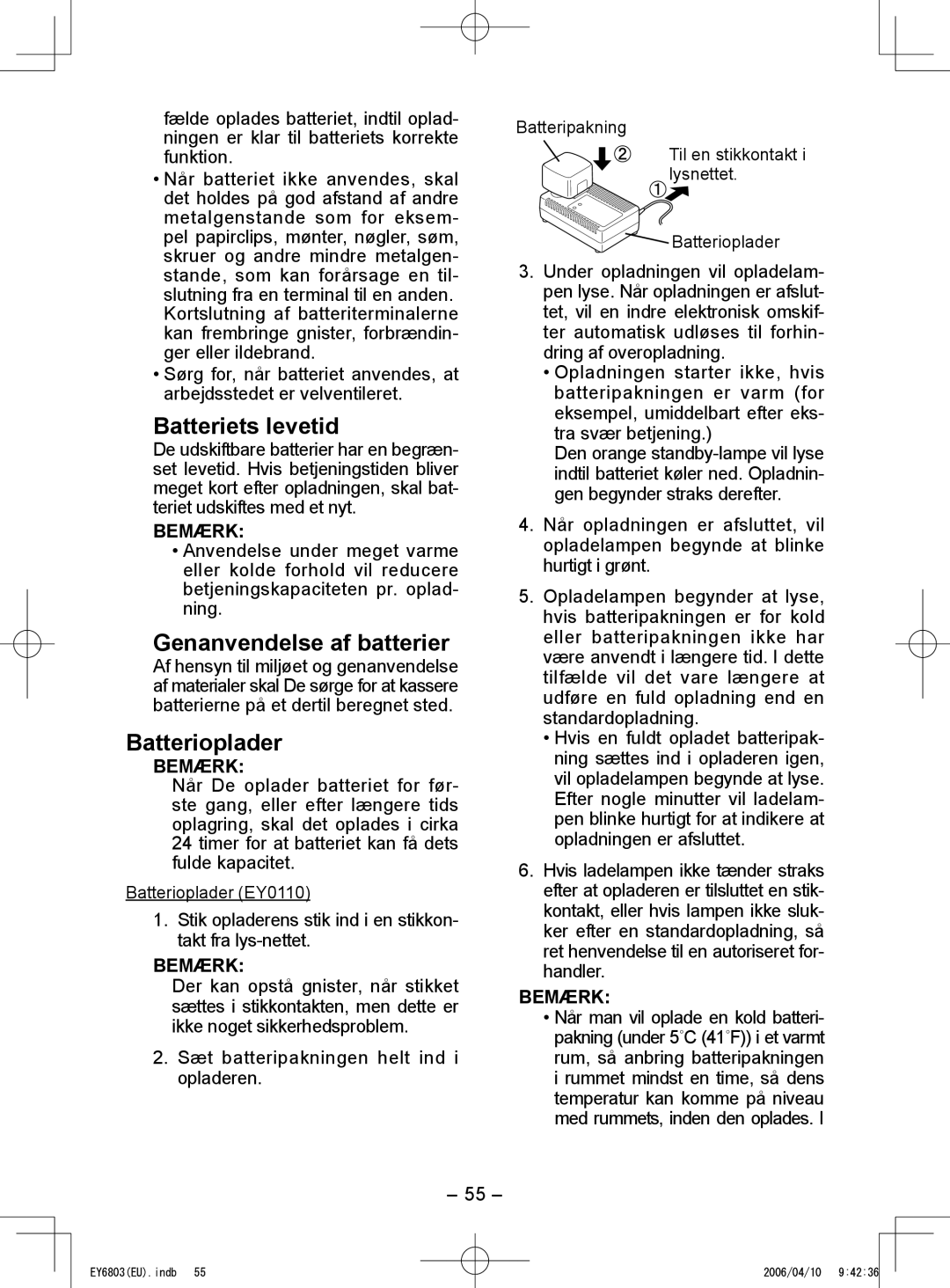 Panasonic EY6803 operating instructions Batteriets levetid, Genanvendelse af batterier, Batterioplader EY0110 