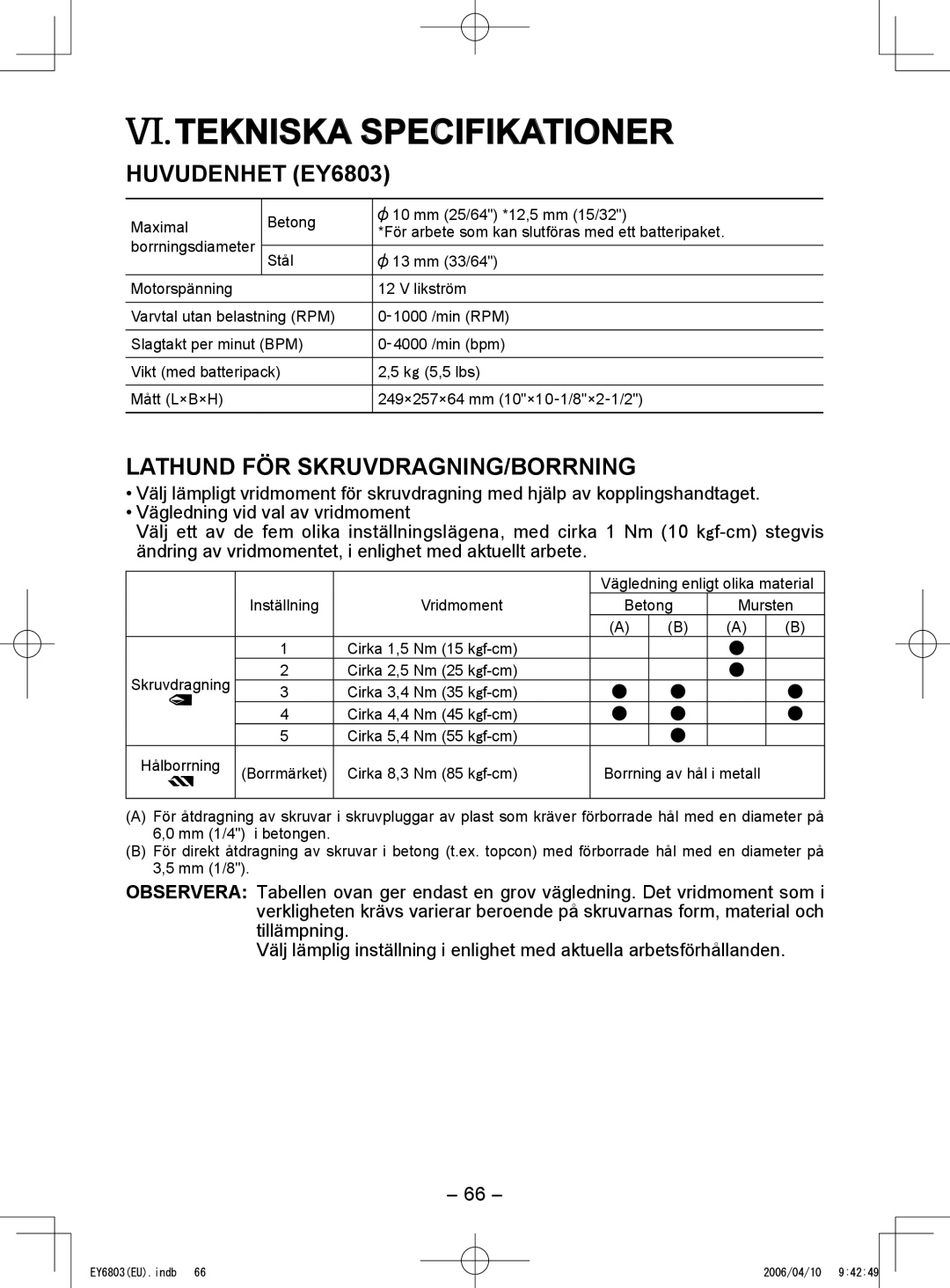 Panasonic operating instructions Tekniska Specifikationer, Huvudenhet EY6803, Lathund FÖR SKRUVDRAGNING/BORRNING 