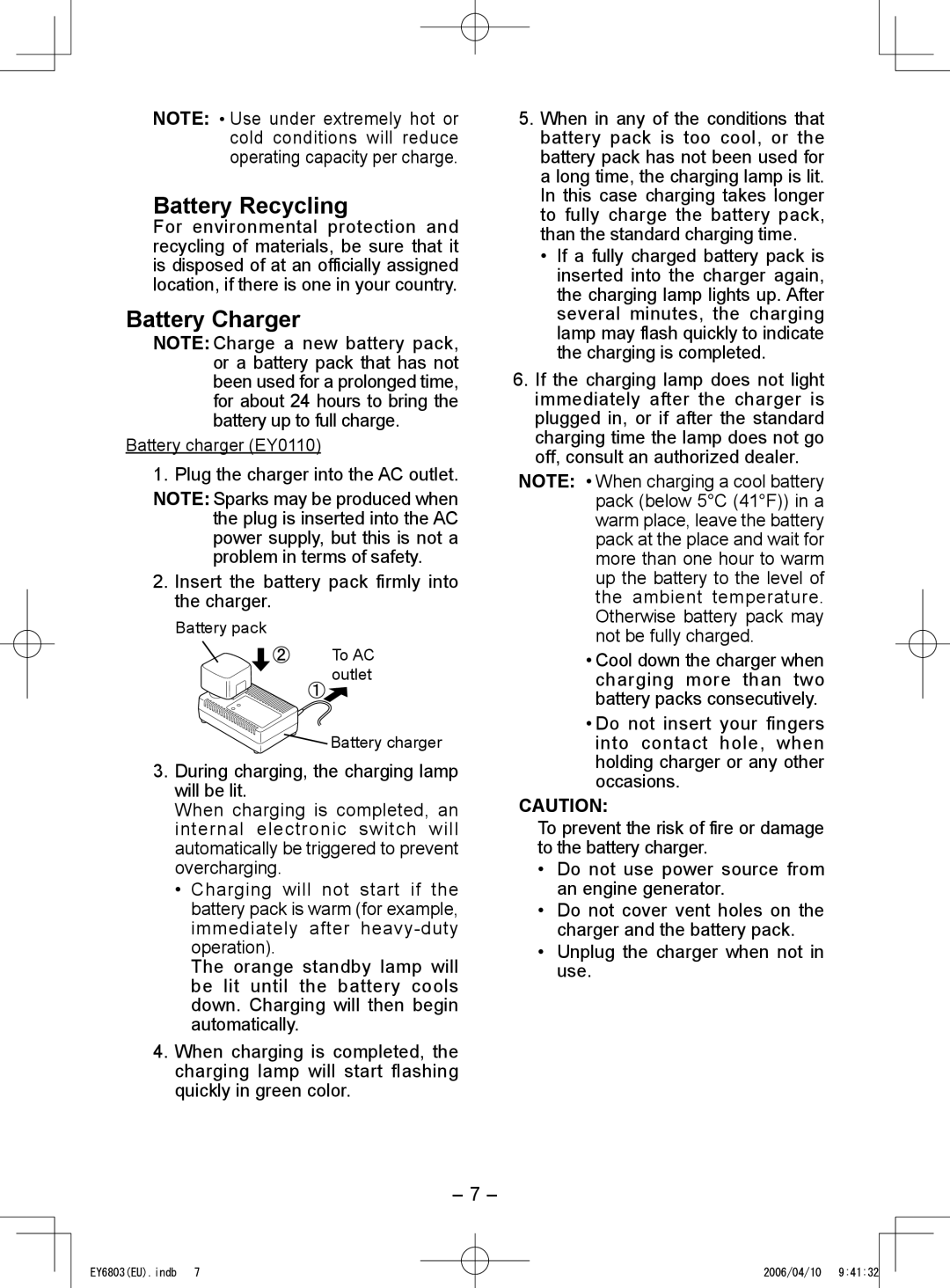 Panasonic EY6803 operating instructions Battery Recycling, Battery Charger, Battery charger EY0110 