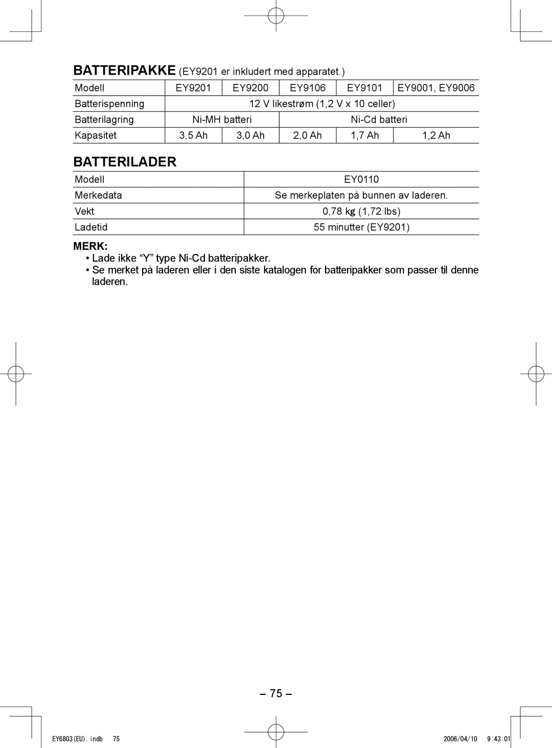 Panasonic EY6803 operating instructions Batterilader, Modell EY0110 Merkedata, Vekt, Ladetid 