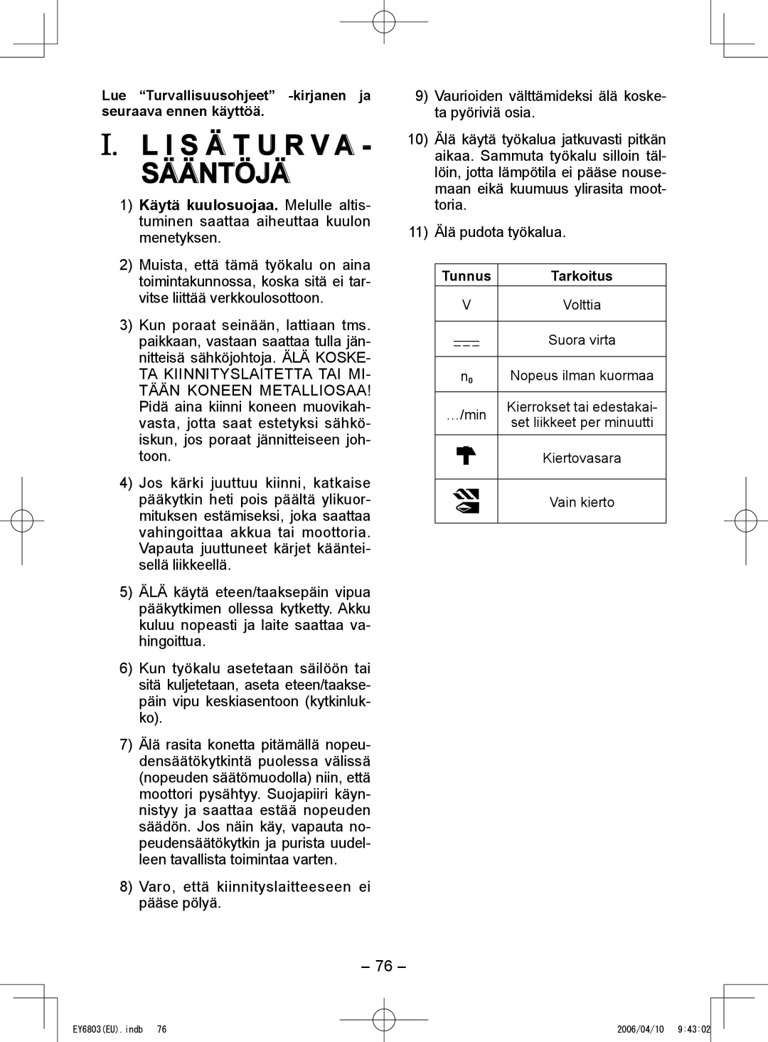 Panasonic EY6803 Sääntöjä, Lue Turvallisuusohjeet -kirjanen ja seuraava ennen käyttöä, Tunnus, Volttia Suora virta 