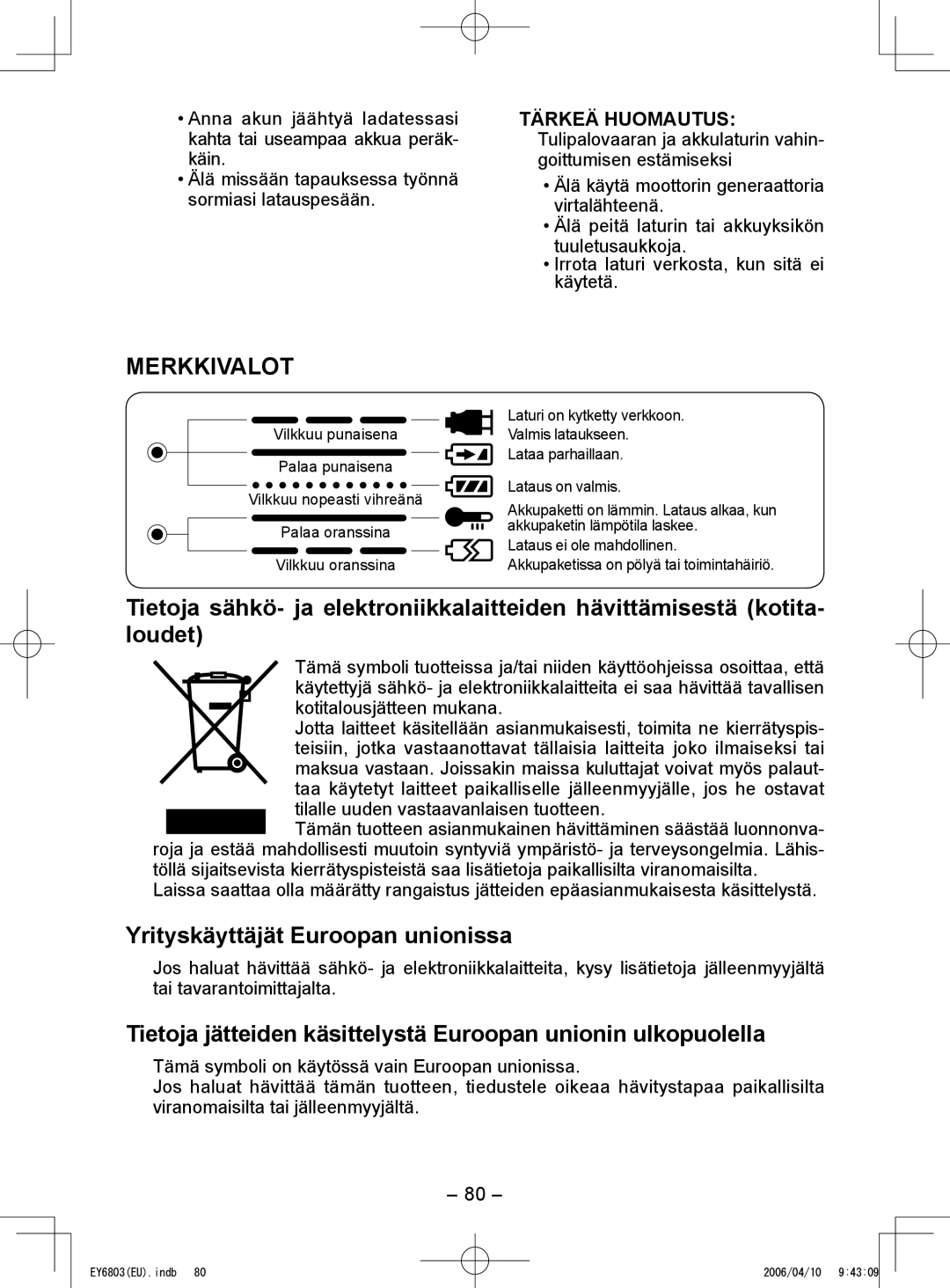 Panasonic EY6803 operating instructions Merkkivalot, Yrityskäyttäjät Euroopan unionissa, Kotitalousjätteen mukana 