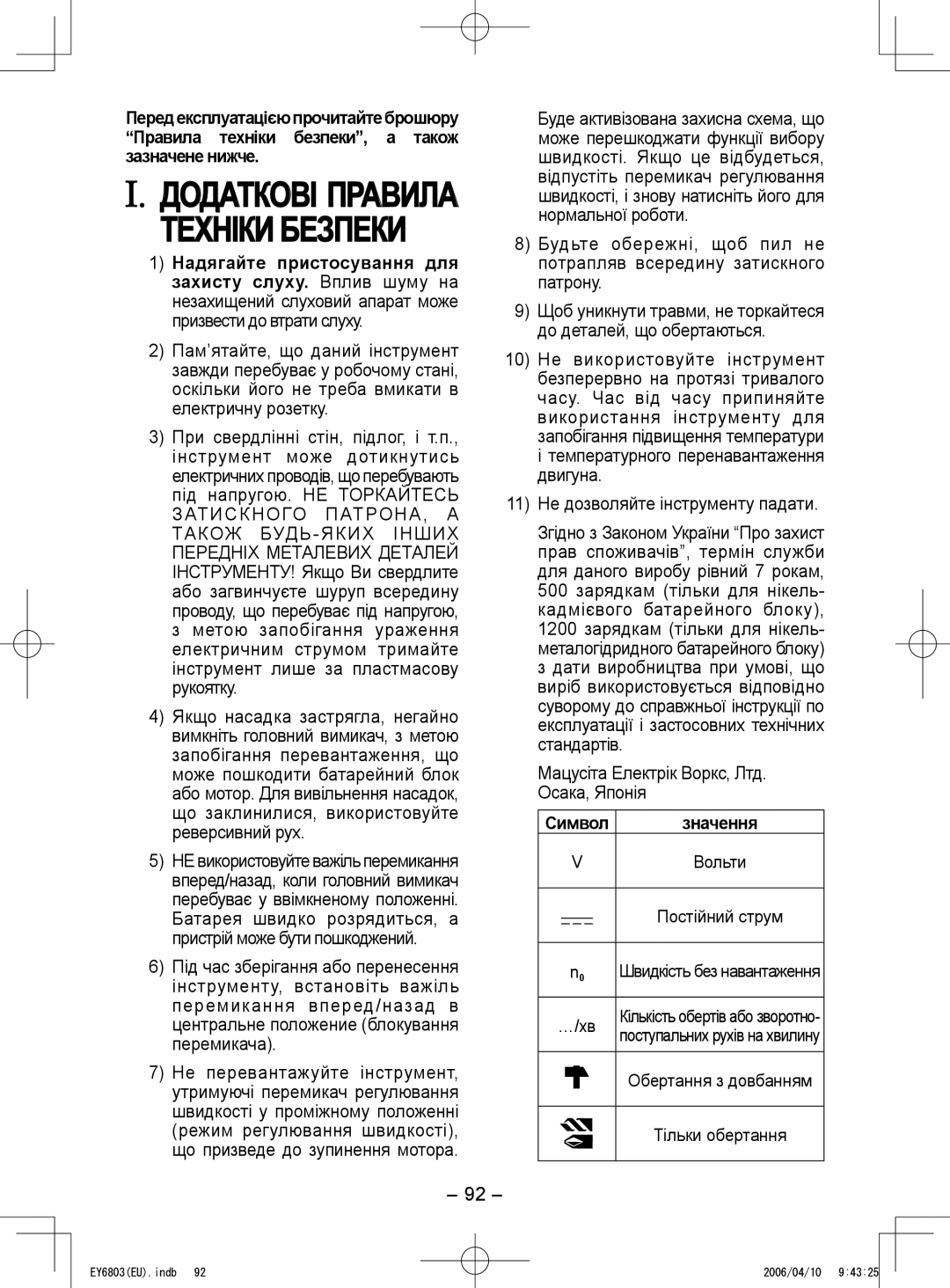 Panasonic EY6803 operating instructions Мацусіта Електрік Воркс, Лтд. Осака, Японія, Вольти, …/хв 