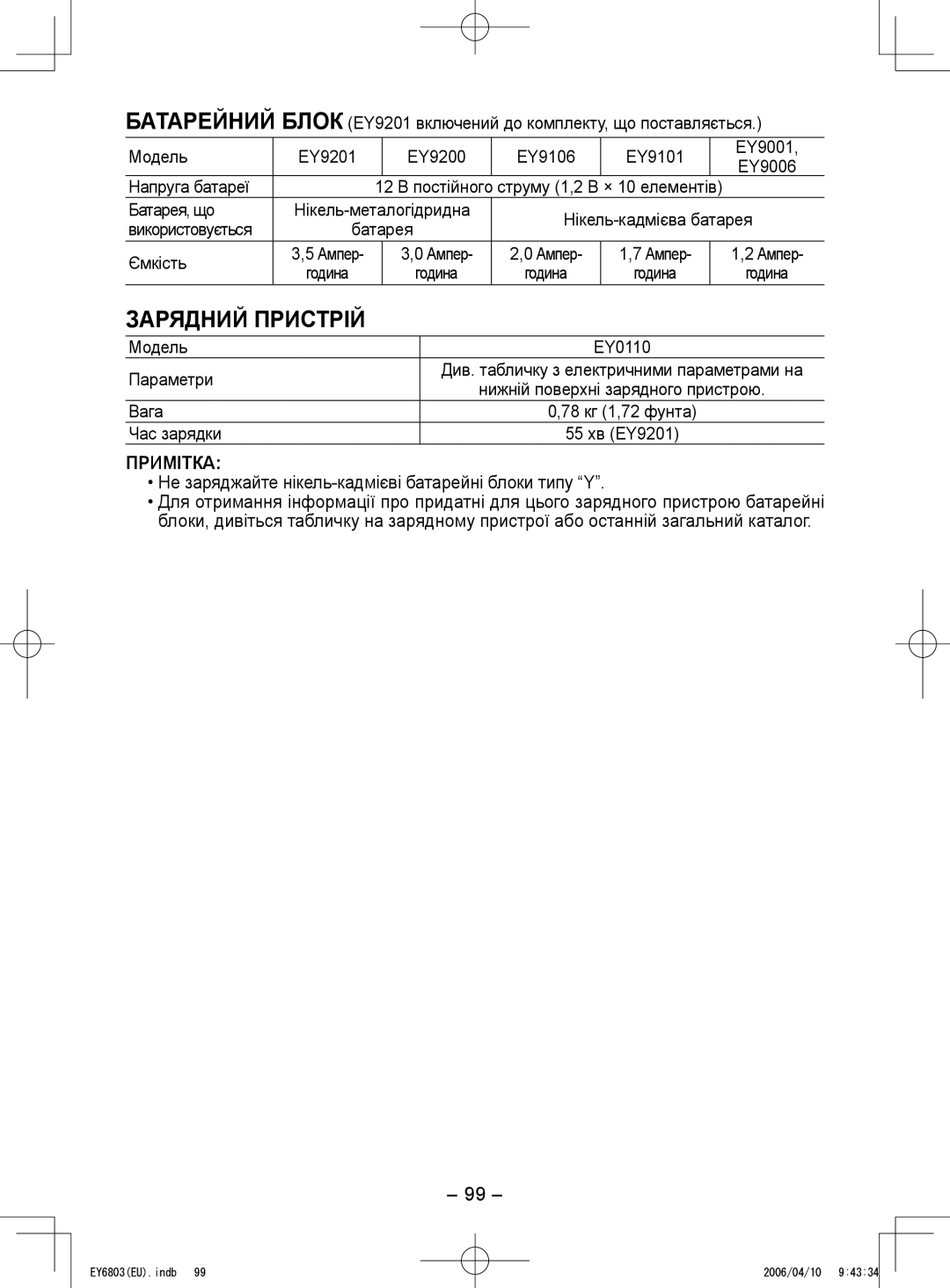 Panasonic EY6803 operating instructions Зарядний Пристрій, Не заряджайте нікель-кадмієві батарейні блоки типу Y 