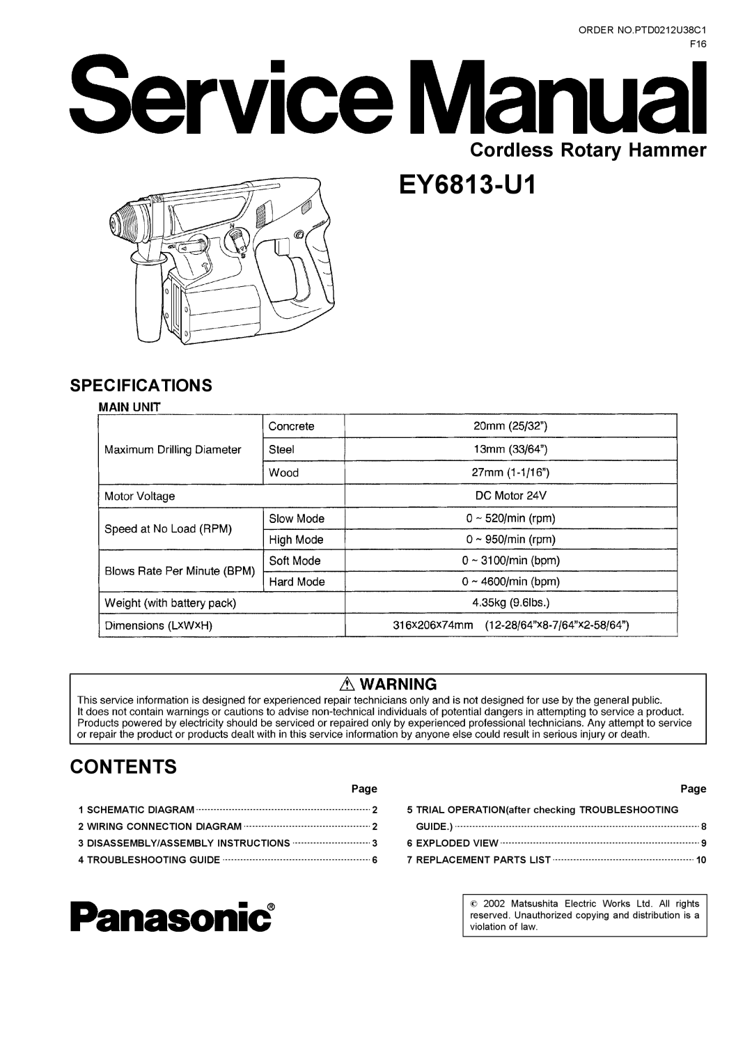 Panasonic EY6813-U1 specifications 