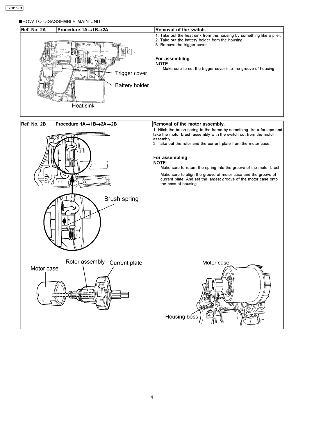 Panasonic EY6813-U1 specifications Ref. No a Procedure 1A →1B →2A Removal of the switch 