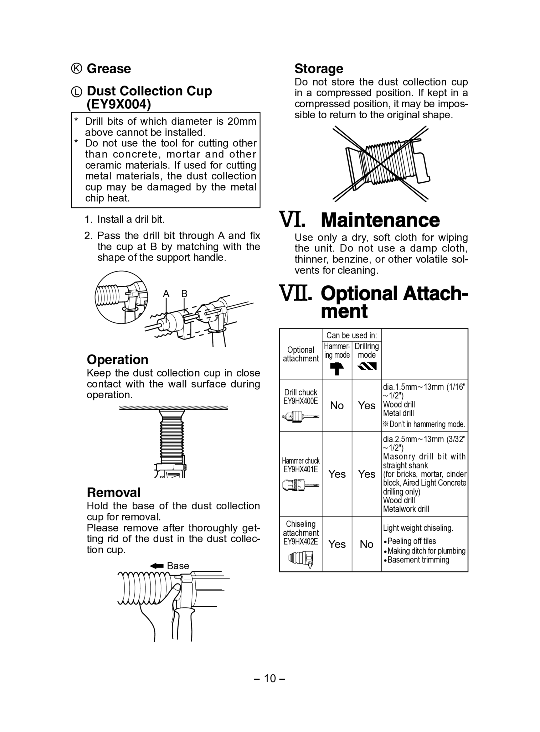 Panasonic EY6813 operating instructions Maintenance, Optional Attach- ment 