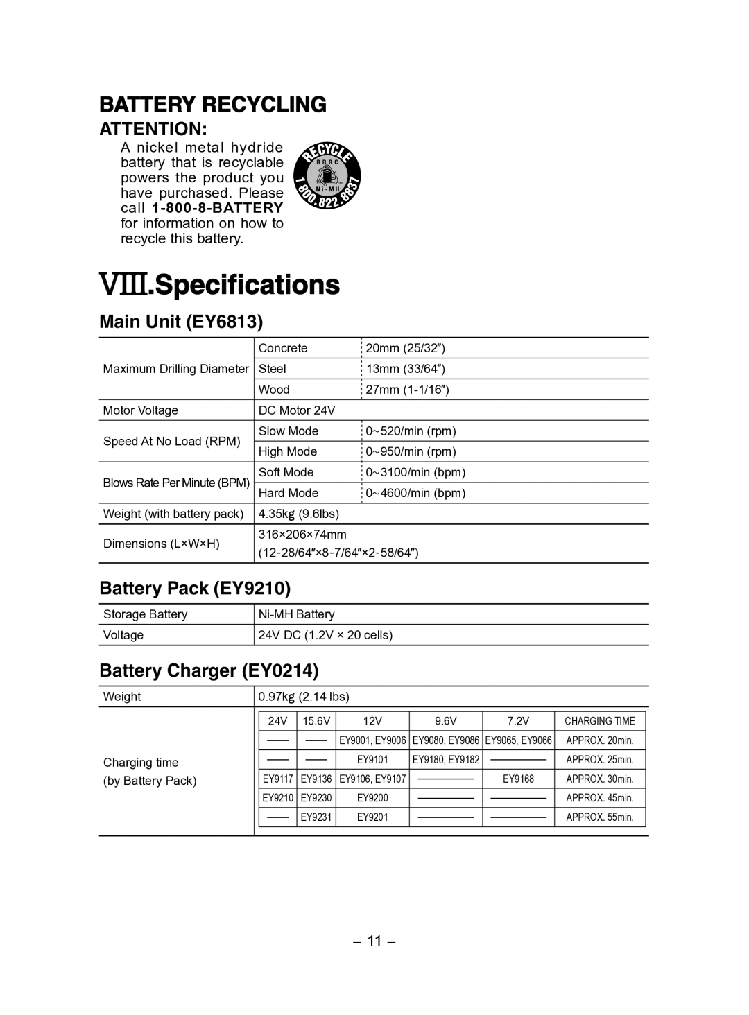 Panasonic operating instructions Specifications, Main Unit EY6813, Battery Pack EY9210 