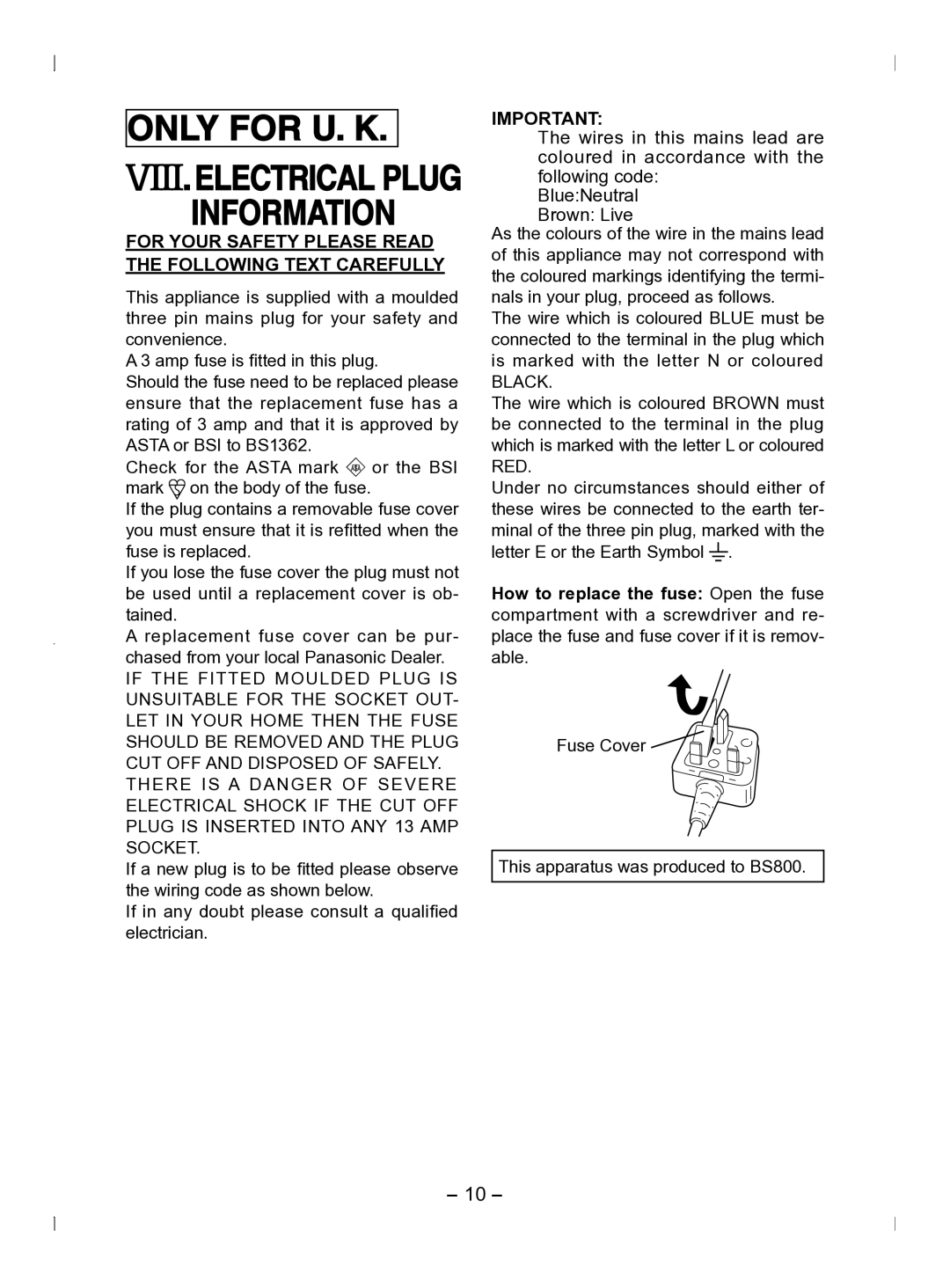 Panasonic EY6903 operating instructions Only for U. K, Electrical Plug Information 