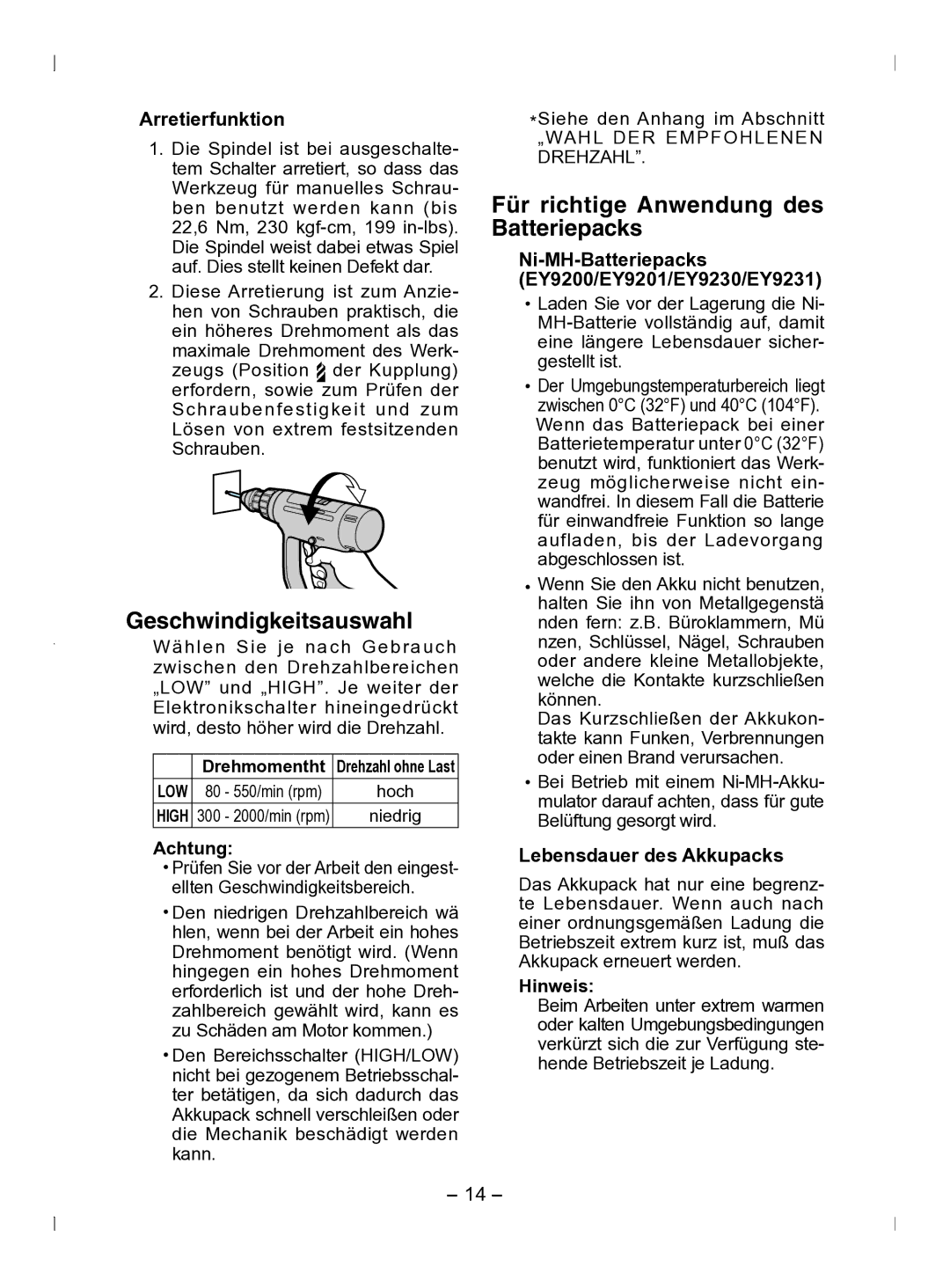 Panasonic EY6903 operating instructions Geschwindigkeitsauswahl, Für richtige Anwendung des Batteriepacks, Arretierfunktion 