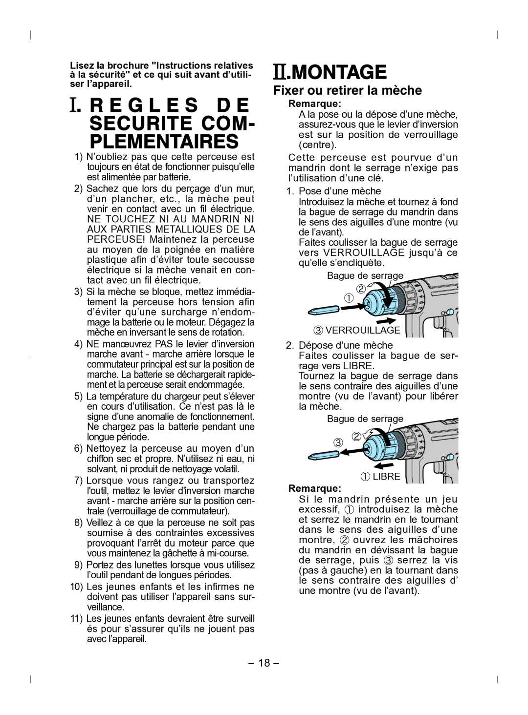 Panasonic EY6903 operating instructions Montage, Fixer ou retirer la mèche, Remarque 