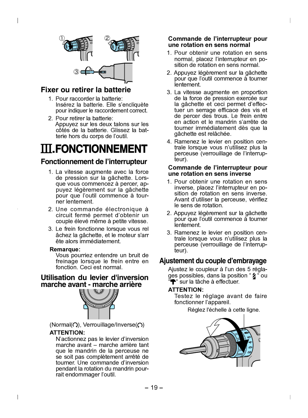 Panasonic EY6903 Fixer ou retirer la batterie, Fonctionnement de l’interrupteur, Ajustement du couple d’embrayage 