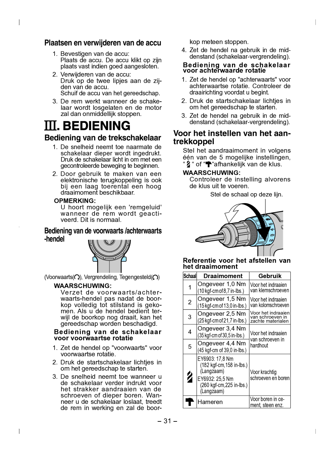 Panasonic EY6903 Bediening van de trekschakelaar, Voor het instellen van het aan- trekkoppel, Waarschuwing 