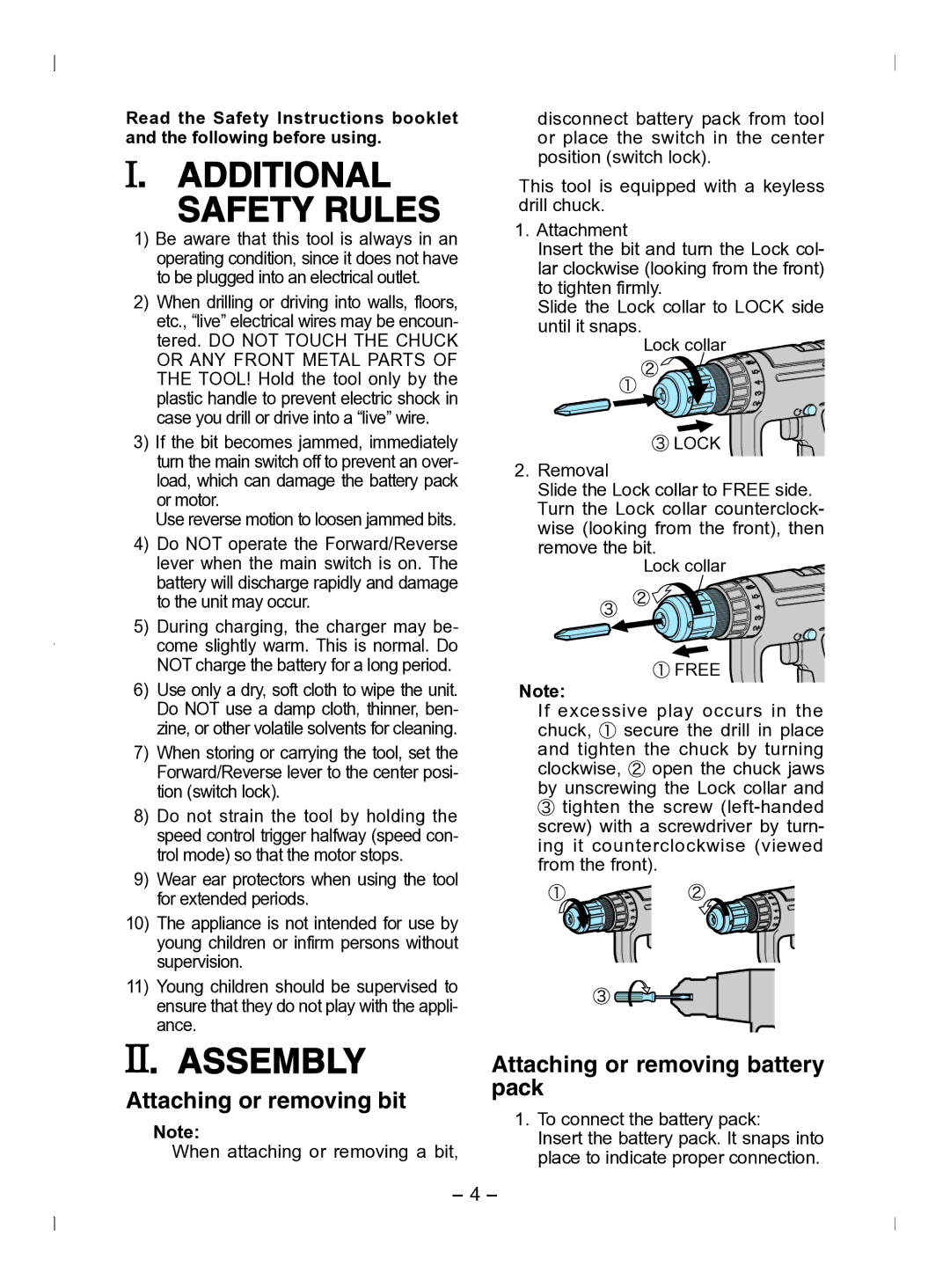 Panasonic EY6903 Additional Safety Rules, Assembly, Attaching or removing bit, Attaching or removing battery pack 