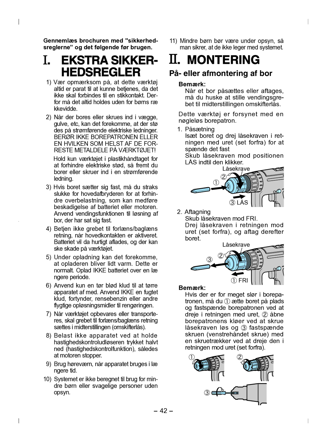 Panasonic EY6903 operating instructions Ekstra Sikker Hedsregler, Montering, På- eller afmontering af bor, Bemærk 