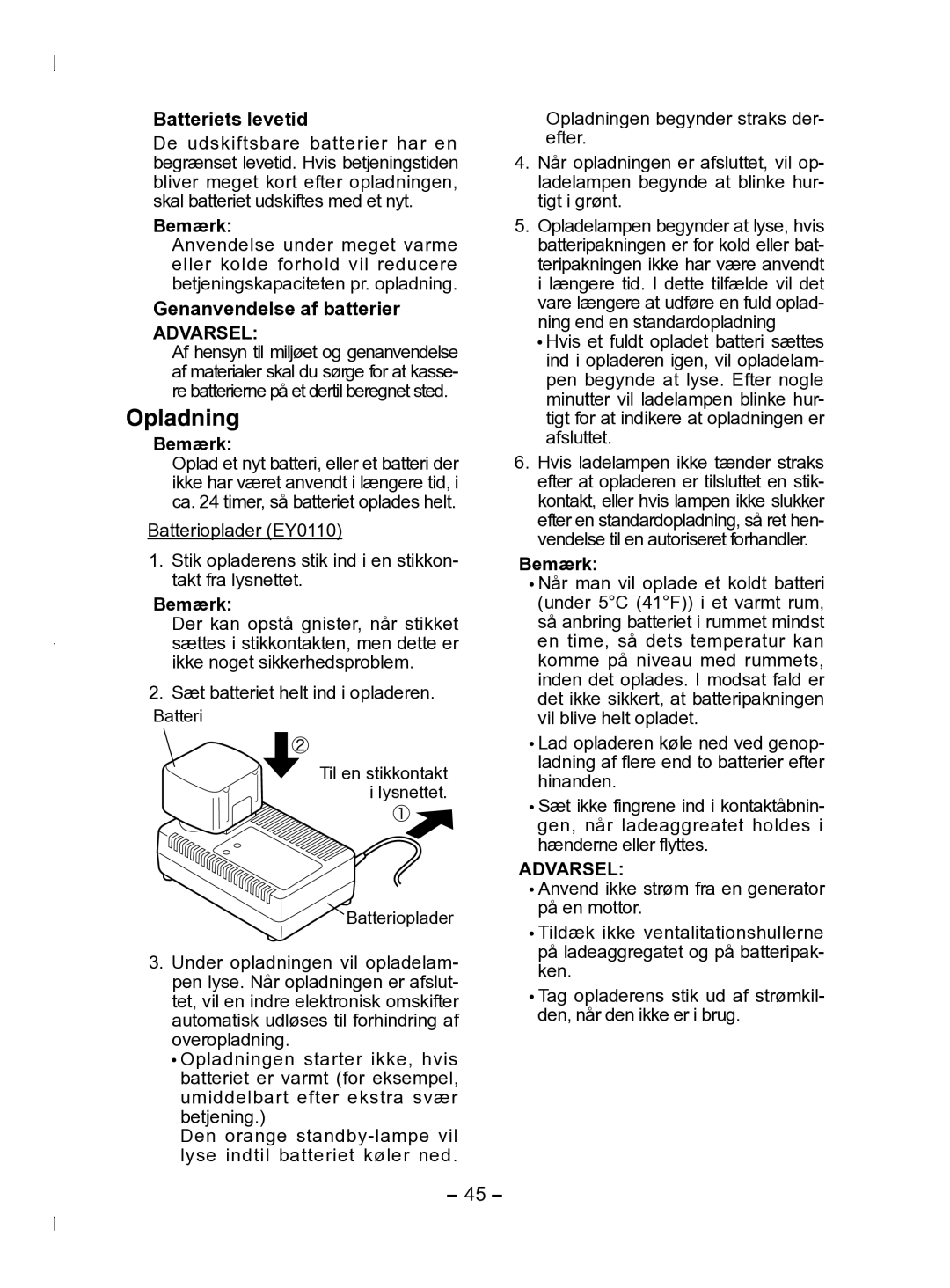 Panasonic EY6903 operating instructions Opladning, Batteriets levetid, Genanvendelse af batterier 